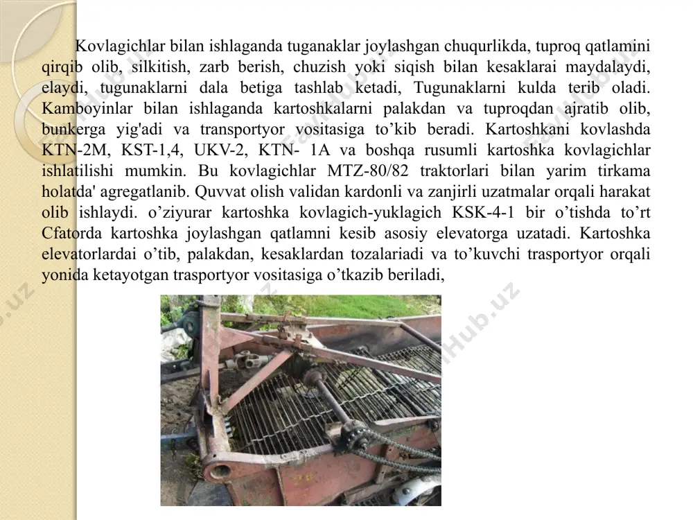 . mmt-1 sabzi kovlash mashinasi, sabzi ildizmevalarini kavlab olish, ularni palagidan tozalash va transport mashinalariga ortish uchun mo’ljallangan. mashina 14 kn sinfdagi traktorlar bilan agregatlanadi. psk-6,0 saralash punkti sabzini tozalash va saralash uchun mo’ljallangan. saralash punktiga 20 kishi xizmat qiladi: 12 kishi ajratishda, 3 kishi qoplashda, 2 kishi ta'minlash bunkerida, 3 kishi mashinaning qolgan qismlariga xizmat qilish bilan band bo’ladi. poliz etishtirish va hosilni yig'ib olishda qator mashinalar ishlatiladi, uruk ekish uchun sbu-2-4a seyalkasi, qator oralariga ishlov berishda kbn-5,4 kultivatori, ekish uchun egat ochish va palakni chekanka qilishda nbch- 5,4 quroli, sug'orish uchun egat ochishda okn-3,6 egat ochgichlar ishlatiiadi. bu mashinalar mtz-80/82, yumz-6al traktorlari bilan agregatlanadi. hosilni saralab yig'ib olishda tshp-25 keng qamrovli transportyor va traktor presepi kabi transport vositalarini ishlatish mumkin. image3.png image4.png image5.png image6.png image7.png image2.jpeg