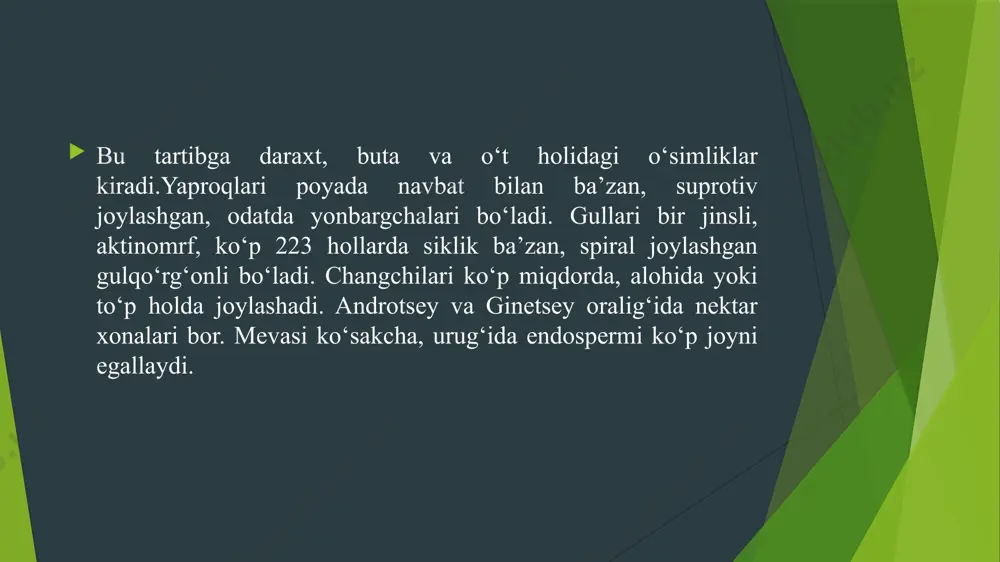 a bo‘lishi mumkin. ular odatda yupqa, mayin tuzilishga ega.bargning rangi: barglarning rangi asosan yashil bo‘lib, ba'zi turlarda sariq yoki oq rangga ega bo‘ladi. gullar chiroyli, katta gullar: gunafshalar oilasiga kiruvchi o‘simliklarning gullari odatda katta, rang-barang va chiroyli bo‘ladi. gullar ko‘pincha 5 ta toj bargdan iborat bo‘lib, ular simmetrik joylashgan.gullarning simmetriyasi: gullar asosan bilateral simmetriya (ikki tomondan teng) yoki radial simmetriya (yuqoridan qaraganda teng)ga ega.changchi va urug‘chilari: gullarida 5 ta changchi va 1 ta urug‘chil bo‘ladi. changchi birlashtirilgan, urug‘chil esa pastki qismida joylashgan.gullarning ranglari: gunafshalar o‘simliklarining gullari juda rang-barang bo‘lishi mumkin — binafsha, oq, sariq, ko‘k, qizil va boshqa ranglarda. gunafshalar tartibi (malpighiales) magnoliophyta (ikki urug‘pallali o‘simliklar) bo‘limiga kiradi. bu tartib ko‘plab oila va turlarni o‘z ichiga oladi, shuningdek, keng tarqalgan o‘simliklar, jumladan, gunafshalar (viola) hamda boshqa o‘simlik turlari ham bor. gunafshalar tartibi asosan ko‘p yillik o‘simliklar, o‘tlar, butalar yoki ba'zida daraxtlar bo‘lishi mumkin. malpighiales tartibi ikkita asosiy podguruhga ajraladi: malpighiales …