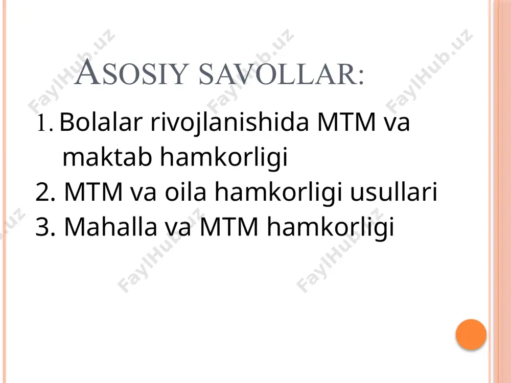 ang‘ich sinf o‘quvchilarini bir-birlariga yaqinlashtirish mtt bilan maktab pedagoglarining o‘zaro aloqa o‘rnatishlaridan ko‘zlangan maqsad: - bolalarni zamon talabiga javob beradigan darajada maktab ta’limiga tayyorlash uchun o‘quv- tarbiyaviy ishlar bo‘yicha maktab bilan maktabgacha ta’lim tashkiloti o‘rtasida mustaxkam aloqa o‘rnatish; - bolalarning maktabda muvaffaqiyatli o‘qib ketishlari uchun mtt va maktabda olib borilayotgan ta’lim-tarbiyaviy ishlarni chuqur tahlil qilib, bu sohada yuqori natijalarga erishishdir. mtt va oila hamkorligi turlari: a) ota-onalar va oilalar bilan yakkama-yakka ishlash. ta’lim-tarbiya jarayonida bu tur katta ahamiyat kasb etib, yaxshi natijalarni qo’lga kiritish imkonini beradi. bunda tarbiyachi oila va bolaning shaxsiy hususiyatlarini o’rganib, tarbiyaviy jarayonda inobatga oladi. buning natijasida tarbiyachi va ota-ona o’rtasida o’zaro ishonch, hurmat va do’stlik munosabatlari o’rnatiladi. b) ota-onalar bilan jamoa tarzida tashkil qilinadigan ishlar. bular ota-onalarning guruhli va umumiy majlisi, ota-onalar maktabi, anjumanlar, shanbaliklar, (мтт xodimlarining ota-onalar bilan birgalikda amaliy faoliyati) savol va javob kechalari. v) ko’rsatmali ishlar. ishning bu turini ko’rgazmalar, fotomantajlar, bolalarning ishlarini …