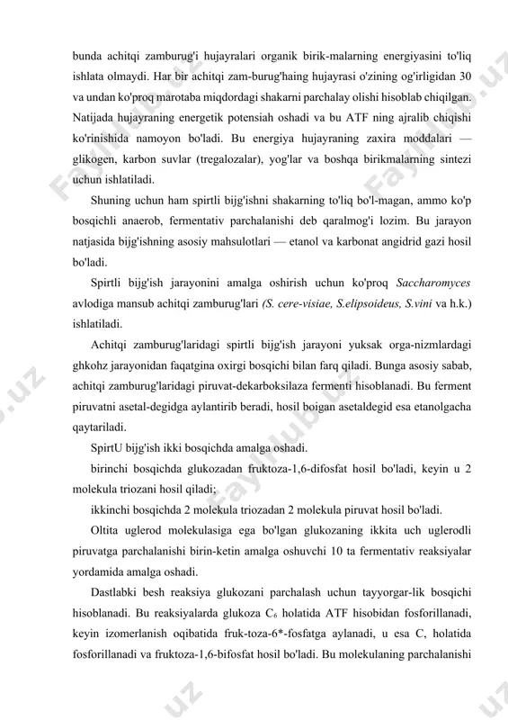 yrasi o'zining og'irligidan 30 va undan ko'proq marotaba miqdordagi shakarni parchalay olishi hisoblab chiqilgan. natijada hujayraning energetik potensiah oshadi va bu atf ning ajralib chiqishi ko'rinishida namoyon bo'ladi. bu energiya hujayraning zaxira moddalari — glikogen, karbon suvlar (tregalozalar), yog'lar va boshqa birikmalarning sintezi uchun ishlatiladi. shuning uchun ham spirtli bijg'ishni shakarning to'liq bo'l-magan, ammo ko'p bosqichli anaerob, fermentativ parchalanishi deb qaralmog'i lozim. bu jarayon natjasida bijg'ishning asosiy mahsulotlari — etanol va karbonat angidrid gazi hosil bo'ladi. spirtli bijg'ish jarayonini amalga oshirish uchun ko'proq saccharomyces avlodiga mansub achitqi zamburug'lari (s. cere-visiae, s.elipsoideus, s.vini va h.k.) ishlatiladi. achitqi zamburug'laridagi spirtli bijg'ish jarayoni yuksak orga-nizmlardagi ghkohz jarayonidan faqatgina oxirgi bosqichi bilan farq qiladi. bunga asosiy sabab, achitqi zamburug'laridagi piruvat-dekarboksilaza fermenti hisoblanadi. bu ferment piruvatni asetal-degidga aylantirib beradi, hosil boigan asetaldegid esa etanolgacha qaytariladi. spirtu bijg'ish ikki bosqichda amalga oshadi. birinchi bosqichda glukozadan fruktoza-1,6-difosfat hosil bo'ladi, keyin u 2 molekula triozani hosil qiladi; ikkinchi …