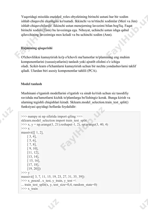 alaydi va shu bilan birga unchalik katta emas, bu esa maqbul o'quv davomiyligini ta'minlaydi. misol uchun, sklearn.datasets.load_boston() funksiyasi boston hududi uchun uy narxlari ma'lumotlarini ko'rsatadi (narxlar yangilanmagan!). 506 ta kuzatuv mavjud va kirish matritsasida 13 ta ustun (xususiyatlar) mavjud: >>> sklearn.datasets dan import load_boston >>> x, y = load_boston(return_x_y=true) >>> x.shape, y.shape ((506, 13), (506,)) ushbu ma'lumotlar to'plami ko'p o'lchovli regressiya uchun javob beradi. yana bir misol sharob bilan bog'liq ma'lumotlar to'plami. uni sklearn.datasets.load_wine() funksiyasi yordamida olish mumkin: >>> sklearn.datasets dan import load_wine >>> x, y = load_wine(return_x_y=true) >>> x.shape, y.shape ((178, 13), (178,)) >>> np.unique (y) massiv([0, 1, 2]) ushbu ma'lumotlar to'plami tasniflash uchun javob beradi. unda italiyaning uch xil vino kompaniyasiga tegishli 13 ta xususiyat va 178 ta kuzatuv mavjud. regressiya scikit-learn turli xil regressiya usullarini qo'llab-quvvatlaydi: chiziqli regressiya, k-eng yaqin qo'shnilar ko'p nomli regressiya, vektor regressiyasini qo'llab-quvvatlash, qaror daraxtlari va boshqalar, tasodifiy o'rmon va gradientni kuchaytirish kabi …