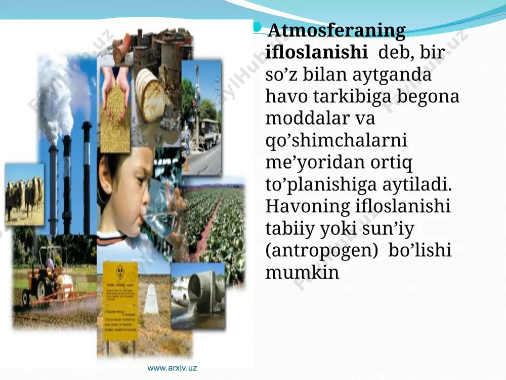ar bilan ishlovchi avtomobillarning sundirgichlaridan chiqadigan asosiy zaharli gazlar uglerod va azot oksidlari, uglevodorodlar hisoblansa, dizel yonilg’isiga ishlovchi dvigatellarda azot va oltingugurt oksidla­ri hamda qurumdir. www.arxiv.uz www.arxiv.uz www.arxiv.uz www.arxiv.uz shuni ham ta’kidlash joizki, avtomabillardan chiqadigan qo’rg’oshin zarrachalarining 40 foiz diametri 5 mkm dan kichik bo’lgan zarrachalardir. ular uzoq, muddat davomida muallaq, holatda turish va havo orqali hayvonlar va insonlar organizmiga kirish xususiyatiga ega. ma’lumotlar shuni ko’rsatadiki, aqsh va yaponiyada atmosferani ifloslantiruvchi manbalar ichida avtotransport vositalari oldingi o’rinda turadi. xorijiy mamlakatlar atmosferasini ifloslantiruvchi gazlar ichida is gazi, uglevodorodlar va azot oksidlari barcha tajovuzkor gazlarning 60-70% ini tashkil qilsa, respublikamizda bu ko’rsatkich 35 foizni, ayrim shaharlarda (andijon, buxoro, samarqand, toshkent) esa 80 foizni tashkil qiladi. www.arxiv.uz www.arxiv.uz www.arxiv.uz www.arxiv.uz mustaqil davlatlar hamdo’stligi hududlarida avtotransport vositalari tomonidan 1988 yilning uzida 35,8 million tonna zararli tashlamalar havoga chiqarib tashlangan. moskva, sankt-peterburg, tosh­kent, erevan va boshqa shaharlar havosida is gazi ruxsat etilgan me’yordan 3-10 marta …