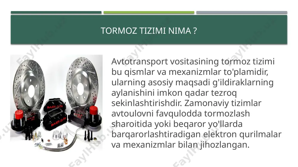 mdan-kam qo'llaniladi, chunki u murakkab qurilmaga va qimmat texnik xizmatga ega. tormozlash moslamasi quyidagilarni o'z ichiga oladi: kaliper - unga ishlaydigan tsilindr o'rnatilgan bo'lib, u tormoz suyuqligining kuchlariga ta'sir qiladi va diskni qisib qo'yadi. bunday mexanizm disk tormozlarining dizayniga kiritilgan. byudjet variantiga kelsak, baraban tormozida kaliper yo'q va qul tsilindr ikki yostiq o'rtasida joylashgan. bir tomonda va boshqa tomonda, qism barabanning devorlariga suyanadigan qilib, yostiqlarni kengaytiradigan pistonga ega; disk - g'ildirak uyalariga o'rnatiladi (ko'pincha old tomonda). ular yuqori harorat va sezilarli bosimga bardosh beradigan qalin va bardoshli metalldan tayyorlangan. ba'zi modellar yaxshiroq tormoz ishlashi uchun teshilgan. tormozdan keyin disklarning sovishi faqat havo oqimlari bilan ta'minlanadi; baraban eskirgan avtoulovlarda faqat shunday tormozlar mavjud edi, bugungi kunda ishlab chiqarilgan byudjetli mashinalarda bunday tormozlar faqat orqa o'qda joylashgan. bunday mexanizmlarda tormozlash diskdagi o'xshashlarga o'xshamaydi, ammo ishonchliligi jihatidan ular yuqori darajaga ega (begona ob'ekt, masalan, filial, mexanizmga kira olmaydi va uning ishlashini to'sib qo'ymaydi), …