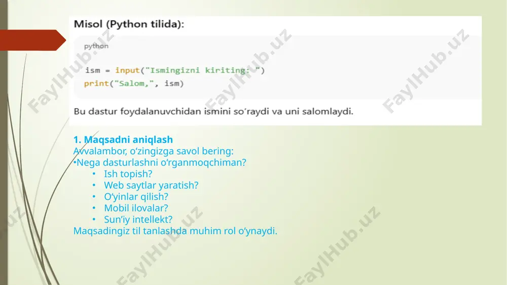 soslari" deb izlang o‘zbek tilidagi youtube kanallari: najot ta’lim, mohirdev, coddy.uz bepul kurslar va o‘rganish resurslari freecodecamp.org til: inglizcha nima o‘rganasiz? web dasturlash (html, css, javascript) python, data science, machine learning responsive dizayn, apilar bilan ishlash afzalligi: har bir bo‘limda nazariya + amaliy topshiriqlar kursni tugatsangiz, sertifikat olasiz 2. w3schools.com til: inglizcha nima o‘rganasiz? html, css, javascript, sql, python va yana ko‘p har bir kodni onlayn ishga tushirish mumkin afzalligi: juda oddiy tushuntirish har bir mavzu uchun interaktiv misollar youtube (o‘zbek tilida) quyidagi kanallarni tavsiya qilaman: ✅ najot ta’lim python, javascript, web dasturlash, git, vs code, algoritmlar ✅ mohirdev web, mobil va sun’iy intellekt sohalari bo‘yicha darslar ✅ coddy.uz o‘zbek tilida video darslar va loyihalar coursera.org til: inglizcha / subtitrlari bor kurslar kimdan? google, meta, stanford, ibm kabi kompaniya va universitetlardan afzalligi: sertifikatli kurslar ayrim kurslar bepul (agar “audit” rejimini tanlasangiz) udemy.com til: inglizcha / ba’zan o‘zbekcha ham chiqadi kurslar …