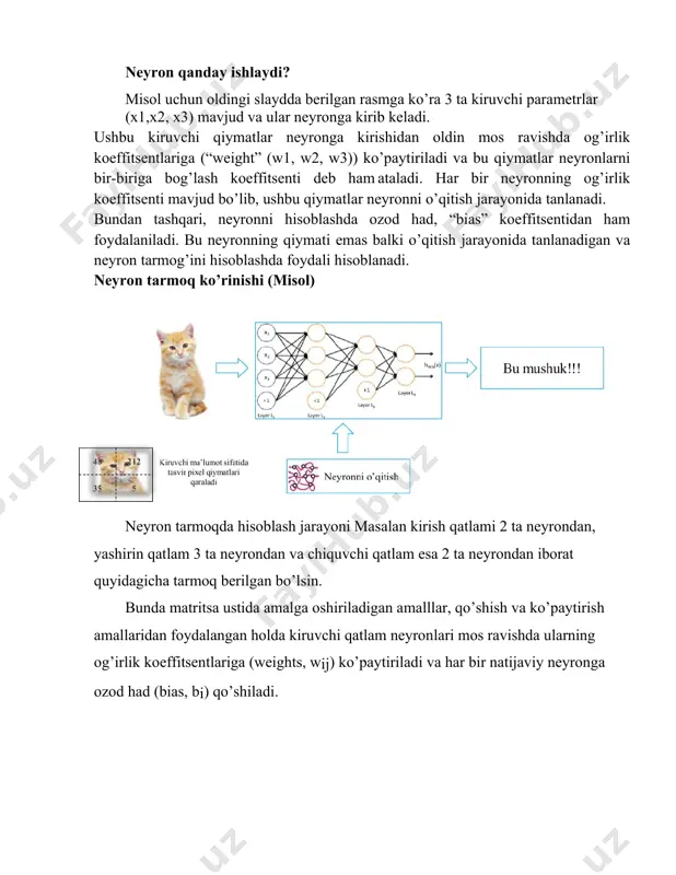 ida esa qurilgan model robot o’yinga tushish simulyatsiyasini ko’rsatib bergan. sun’iy neyron tarmoqni ishlatish ketmaketligi 1) kiruvchi ma’lumotlarni berish; 2) kiruvchi parametrlar uchun tasodifiy og’irlik qiymatlarini tanlash; 3) bias ozod hadini tasodifiy tanlash (agar zarur bo’lsa); 4) neyron tarmoqni o’qitish dasturini ishga tushirish; 5) xatolikni aniqlash; 6) gradient descent algoritmi asosida og’irlik koeffitsentlarini yangilash; 7) o’qitish jarayonini davom ettrirish; 8) natjaviy model asosida natija olish (bashoratlash, sinflashtirish) 9) neyron tarmog’ini o’qitish nima? 10) neyron tarmog’ini o’qitish bu – qurilgan neyron tarmoqda kiruvchi ma’lumotlar asosida har bir neyronning og’irlik koeffitsentlari wij(l) va bias bi o’zgaruvchilari qiymatini chiquvchi qatlam qiymatlari xatoligi eng minimal bo’lguncha o’zgartirishdan iborat. neyron tarmoqni o’qitish algoritm feedforward feedforward (oldinga yo’naltirilgan) neyron tarmoqda – kiruvchi qiymatlar (inputs) qabul qilinadi va neyronlarning og’irlik koeffitsentlari (weights) tasodifiy qiymat qabul qiladi. og’irlik koeffitsentlari (weights) ning tasodifiy qiymatlarini optrimallashtirish yoki sozlash uchun backpropagation (orqaga yo’naltirish) usulidan foydalaniladi bu yerda barcha w koeffitsentlar tasodifiy …
