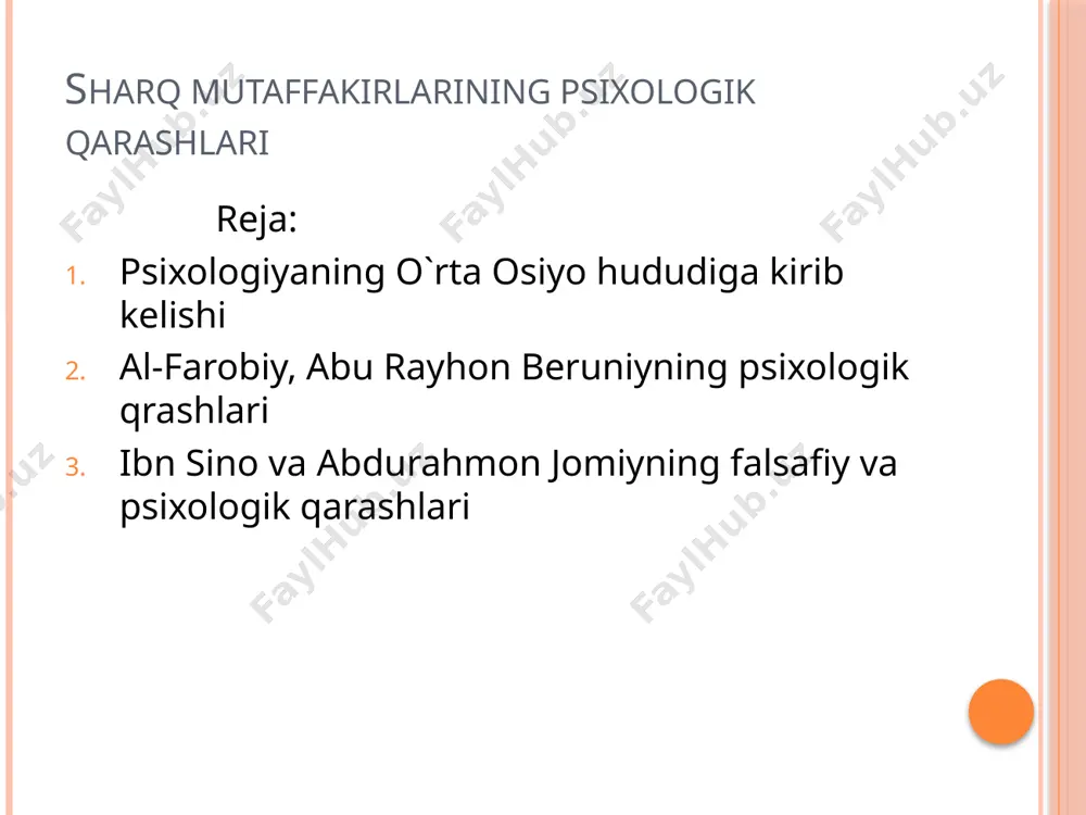 masdan, balki butun jahondagi taraqqiyparvar mutafakkirlar ham o’quv risolasi sifatida foydalangan al-farobiy al farobiy 870-950 yillarda farob shahrida tug’ilgan. farobiy aristotel’ va platonning ishlarini o’rta osiyoda keng ommalashtirgan, shuning uchun g’arbda ikkinchi muallim degan nom olgan. farobiy yozgan asarlaridan bizning e’tiborimizga falsafa, pedagogika, psixologiya, etika-estetika bo’yicha asarlari qiziqtiradi. farobiyning fikricha muhit va tarbiyaning ta’sirida inson shaxsining ahloqiy sifatlari shakllanadi. ahloq-tushunchasi farobiy inson xarakteri bilan chambarchas bog’liq deb hisoblaydi. chunki xarakterdagi har bir xislatlarni yaxshi tomonga qaratib o’zgartirish mumkin. shunga asosan inson ahloqini faqat yaxshi tomonga qaratib o’zgartirish mumkin. uning fikricha inson shaxsining barkamol shakllanishi uchun 4 ta to’siq bor: hurmatsizlik ahloqsizlik o’zgaruvchanlik ikkilanish bundan tashqari farobiy tarbiyaning qattiq va yumshoqligi haqida ham o’z fikrlarini bayon qiladi. bu o’z navbatida tarbiya psixologiyasining asosiy g’oyasi va metodlaridan biri hisoblanadi. uning fikricha shogirdga ta’lim-tarbiya berishda haddan tashqari qattiqqo’llik ustozga nafrat hissini uyg’otadi. uning ruhida o’z ustoziga nisbatan qarama-qarshilikni yuzaga keltiradi. tarbiyadagi haddan tashqari …
