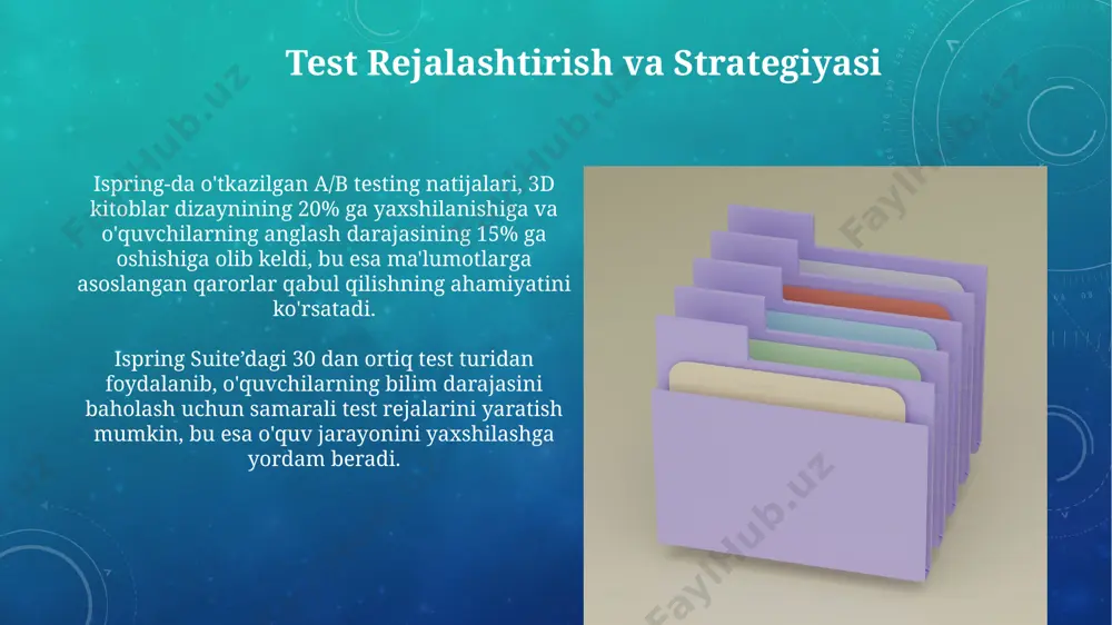 ularning davomiyligini 0.1 soniyadan 10 soniyagacha aniq belgilash mumkin. xatolarni aniqlash va tuzatish 3d kitoblarni yaratish jarayonida uchraydigan 10 ta keng tarqalgan xatolik turini aniqlash va tuzatish uchun ispring qo'llanmasida batafsil ko'rsatmalar mavjud. ispring platformasining o'rnatilgan xatoliklarni tuzatish tizimi, loyihalarni ishlab chiqish vaqtida kamida 5 soat vaqt tejashga imkon beradi, natijada ish unumdorligi ortadi. 3d kitob dizaynining asosiy tamoyillari interaktiv elementlar, masalan, 3d modellarning aylanishi, kattalashishi va zoomlash imkoniyatlari, foydalanuvchi tajribasini boyitadi va 2-3 marta ko'proq jalb qiladi. 3d kitob dizaynida 60-80 dpi o'lchamdagi yuqori sifatli rasmlarni ishlatish muhim, chunki bu sahifalarning aniq va batafsil ko'rinishini ta'minlaydi. e'tiboringiz uchun rahmat @taqdimot_robot image3.png image4.jpg image5.jpg image6.jpg image7.jpg image8.jpg image9.jpg image10.jpg image11.jpg image12.jpg image13.jpg image14.jpg image15.jpg image16.jpg image17.jpg image18.jpg image19.jpg image20.jpg