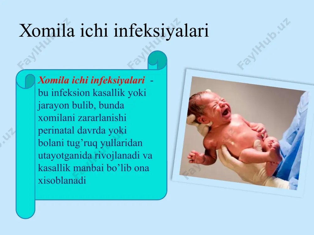 : 1 va 2 turdagi oddiy gerpes virusi, 3 turdagi oddiy gerpes virusi (varicella zoster), 4 tur – epshteyn - barr virusi (tilning tukli leykoplakiyasi, immum depressiya sindromi), 5-tur sitomegalovirus infeksiyasi, 6-tur - rozeola, 7-tur - surunkali charchash sindromi , 8-tur - sarkoma kaposhi lekin “neonatal gerpes” deb faqat 1 va 2 turdagi gerpes aytiladi neonatal gerpes ogp xomilador ayoldan yuldosh orqali oson o’tib xomilani infeksiyalanishiga olib keladi. virus 1- chi o’rinda nerv tizimini zararlaydi ( anensefaliya, gidrosefaliya, spina bifida), xromasoma anomaliya-lariga olib keladi. xomiladorlikning patalogik uz-uzidan tushishi, xomila tushish xavfi mavjudligi xam virus ta’siridan kelib chiqadi. gerpetik infeksiya immum tizim faoliyatini keskin pasaytiradi. gerpes klinikasi tug’ma gerpes– o’lik tug’ilish, chalalik, mns jaroxati (mikrostfaliya, gidrosefaliya, miyada kalsifikatlar ), terida chandiqlar, mikroftalmiya, gerpetik gepatit, trombositopeniya, sepsis serebral shakli -nekrotik harakterga ega bulgan gerpetik ensefalit- letargiya, koma yo’ki ko’zg’alish . miya parchalanishi , mikrosefaliya , trombositopeniya, gemorragiyalar dissiminatsiylangan neonatal gerpes lokal shakli …