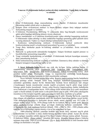 o‘zbekistonda faoliyat yurituvchi diniy tashkilotlar. yangi diniy ta`limotlar va sektalar — DOC