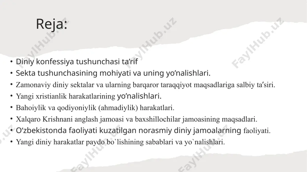 tashkilotlar 2023-yil ma’lumotiga ko’ra, o‘zbekiston respublikasida jami 2337 ta diniy tashkilot va 16 ta diniy konfessiya faoliyat yuritib kelmoqda. shulardan 2155 tasi musulmon tashkiloti, 166 ta xristian tashkiloti (provaslav va protestant), 8 ta yahudiy jamoasi, 6 ta bahoiylik jamiyati, 1 ta krishnachilar jamiyati va 1 ta budda ibodatxonasi, shuningdek, o‘zbekiston konfessiyalararo bibliya jamiyati ham faoliyat ko‘rsatmoqda. mavjud noislomiy konfessiyalar ichida provaslavlikka e’tiqod qiluvchilarining ko’pligi bilan ajralib turadi. o‘zbekistonda islom sivilizatsiyasi markazi, imom buxoriy va imom termiziy xalqaro ilmiy-tadqiqot markazlari tashkil etildi. viloyatlarda kalom, hadis, fiqh, aqida ilmi va tasavvufni o‘rganishga ixtisoslashgan beshta ilmiy maktab ochildi. diniy konfessiyalar manzarasi rang–barangligini o‘zbekistonda rasman ro‘yxatdan o‘tib faoliyat yuritayotgan diniy konfessiyalar misolida ham ko‘rish mumkin. xristianlikka mansub bo‘lsa–da, yurtimizdagi 11 ta yo‘nalishning har biri o‘zini alohida diniy konfessiya, deb hisoblashi fikrimizning isboti bo‘la oladi. xususan, “yettinchi kun adventistlari” (9ta), “pyatidesyatniklar” yoki “to’liq injil xristianlari” (1 ta markaz, 1 ta seminariya, 44 ta cherkov), “novoapostol …