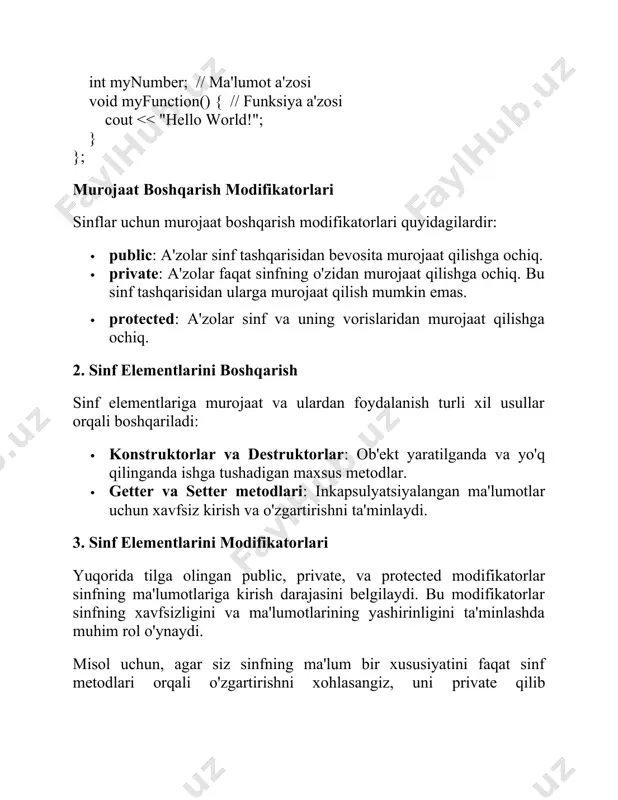 slik oladi class car : public transport { public: void start() override { // start metodini qayta aniqlash cout start(); // polimorfik tarzda start metodini chaqirish } // asosiy funksiya int main() { car mycar; bicycle mybicycle; starttransport(&mycar); // avtomobilni ishga tushirish starttransport(&mybicycle); // velosipedni ishga tushirish return 0; } transport sinfi: bu dasturning asosi bo'lib, barcha transport vositalari uchun umumiy interfeysni belgilaydi. start() metodi abstract bo'lib, barcha voris sinflar bu metodni o'ziga xos tarzda aniqlashi kerak. voris sinflar (car va bicycle): har bir sinf transport sinfidan vorislik oladi va start() metodini o'ziga xos tarzda qayta aniqlaydi. masalan, car sinfi kalit yordamida ishga tushiriladi, bicycle esa pedal bosilganda. polimorfizm: starttransport() funksiyasi transport tipidagi ko'rsatkich qabul qiladi va uning start() metodini chaqiradi. bu funksiya har xil transport turlari uchun umumiy tarzda ishlatilishi mumkin, bu esa kodning qayta ishlatilishini va kengaytirilishini osonlashtiradi. #include using namespace std; // asosiy to'rtburchak sinfi class rectangle …