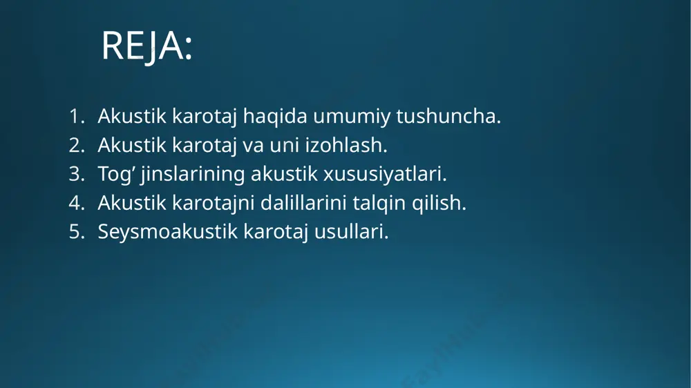 ladi (masalan 98-rasmda tasvirlangan spаk-6 asbobi) 97-rasm. ak asbobi qayd qilish sxemasi. 98-rasm. spak (спак)-6 ак zondi. sxematik tuzilishi quyidagicha: birinchi va ikkinchi nurlatgich elementlari, markazlashtiruvchilar (tentrator), qabul qiluvchi element. nurlatgich va qabul qiluvchi elementlar oraligʼidagi masofa zondning uzunligi (l) deb ataladi. nurlatgich (yoqilgʼi qabul qiluvchi element)lar oraligʼidan masofa l-oʼlchash bazasi deb atalgan. tadqiqot radiusi zondning uzunligiga bogʼliq. zondning uzunligi katta boʼlsa, tekshirish radiusi ham oshadi. аkustik karotajni ishlash prinsiplari quyidagidan iborat: nurlatgichdan chiqqan ultra tovushli plastik tebranish togʼ jinslaridan oʼtib qabul qiluvchi elementlarga yetib keladi. qabul qiluvchi elementlarda elastik tebranishlar elektr tebranishlariga aylantiriladi, keyin kuchaytirgichlardan oʼtib, sizgichlarda silliqlanib kabel orqali yer ustiga yetkazilib karotaj stantsiyasida oʼrnatilgan oʼlchash asbobida qayd qilinadi. nurlatgichdan chiqqan ultra tovushli tebranishni vaqti - va shu tebranishni qabul qiluvchi elementlarga yetib kelgan vaqti - akustik karotaj diagrammalarida qayd etiladi akustik ro'yxatga olish quduq ichida hosil bo'lgan va qayd etilgan seysmik to'lqinlarning tahliliga tayanadi. ushbu to'lqinlar quduq, …