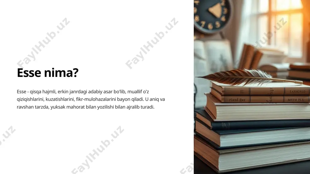 iy vositalardan foydalanish orqali muallifning fikrlari ta'sirchanliroq ifodalanadi. 6 ilmiy esse tadqiqotchilik ilmiy esseda muayyan ilmiy muammo o'rganiladi, izlanishlar olib boriladi. nazariyaviylik ilmiy esse nazariy masalalarni yoritadi, ilmiy xulosalar chiqaradi. yechim topish ilmiy esseda tadqiq etiladigan muammoga echim topishga harakat qilinadi. 7 esse yozishda e'tibor berilishi lozim bo'lgan jihatlar 1 mavzu tanlash 2 maqsad belgilash 3 rejalashtirish 4 adabiy uslubga rioya qilish 5 xotima yozish 8 esse yozishda yutuqlar va kamchiliklarni aniqlash 1 mavzuga mos yozish 2 aniqlik va ravonlik 3 fikrlarni mantiqiy izchillik bilan yoritish 4 original va ijodiy yondashish 9 xulosa va takliflar 4 esse turlari 5 esse xususiyatlari 3 esse yozishda amal qilinishi lozim bo'lgan jihatlar 2 esse yozishda yutuqlar va kamchiliklarni aniqlash esse - keng imkoniyatlarga ega bo'lgan adabiy janr. uni samarali yozish uchun essening turlarini, xususiyatlarini, yozish uslubini bilish muhim. shuningdek, esse yozish jarayonida e'tibor berilishi lozim bo'lgan asosiy jihatlar hamda yutuqlar va kamchiliklarni aniqlash …