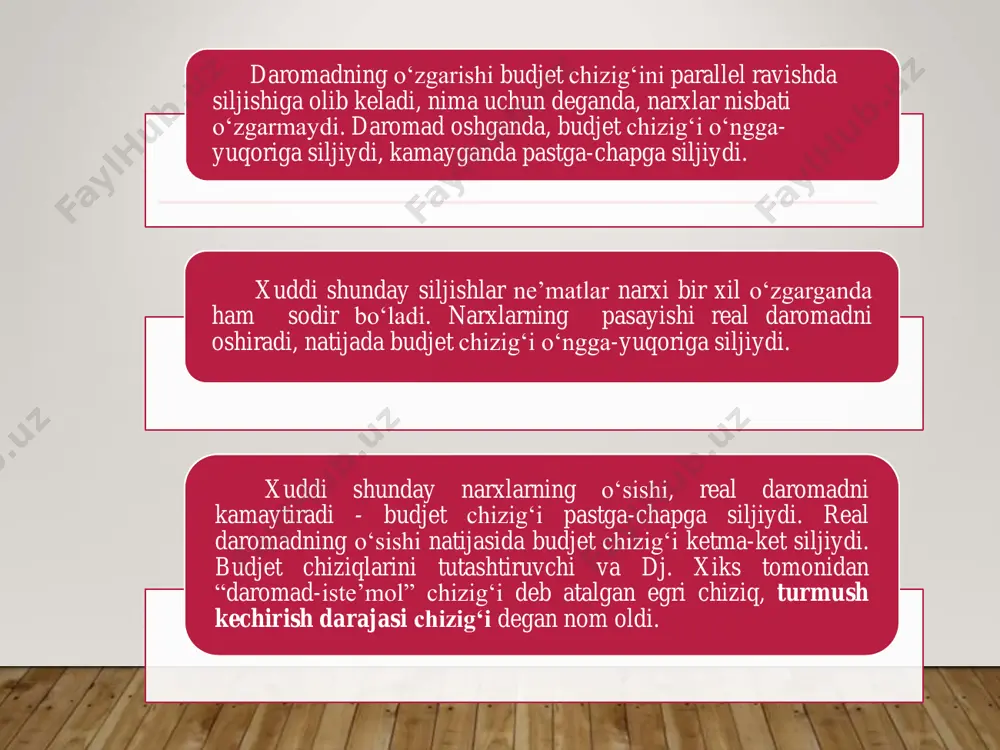 oshishiga olib keladi yoki aksincha. bundan kelib chiqadiki, o‘rinbosar tovarlardan birining narxi va ikkinchisiga bo‘lgan talab miqdori o‘rtasida to‘g‘ri bog‘liklik mavjud. bu bog‘liqlikni kesishgan talab elastikligi formulasi orqali hisoblash mumkin. bunda elastiklik koeffitsenti musbat ishora oladi. yakka va bozor talabi bozor talabi alohida bozordagi iste′molchilarning individual talablari yig`indisi bilan aniqlanadi. bozor talabi chizig`i esa ma′lum bzordagi iste′molchilarning individual talablari chiziqlarini qo`shish orqali olinish mumkin. faraz qilaylik, oziq- ovqat bozorida (masalani soddalashtirish uchun) uchta a, b va v iste′molchilar harakat qiladi deylik. oziq-ovqat narxi, so`m (p) yakka iste′molchilar talabi umumiy bozor talabi, a b v birlikda 1000 4 6 8 18 2000 3 5 7 15 3000 2 4 6 12 4000 1 3 5 9 5000 0 2 4 6 oxirgi ustunda umumiy bozor talabi keltirigan va ular iste′molchilarning individual talablarini qo`shish orqali aniqlangan. masalan, oziq-ovqat narxi 1000 so`m bo`lganda, umumiy bozor talabi quyidagicha hisoblanadi: 4+6+8=18. o or talabi bozor …