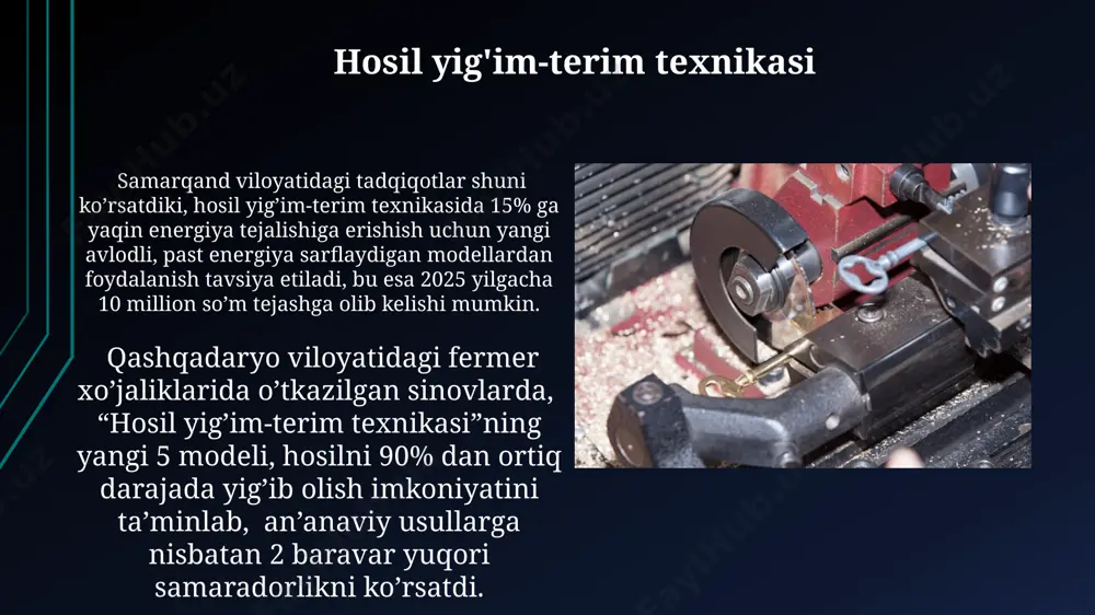 ngan bo'lib, bu esa o'g'itni aniq va teng taqsimlashni ta'minlaydi, 5% gacha tejash imkonini beradi. kasallik va zararkunandalarga qarshi kurash uskunalari samarqand viloyatida 2023-yilda 500 dan ortiq fermer xo‘jaliklari zararkunandalarga qarshi kurashda zamonaviy, yuqori samarali püskürtücülerdan foydalandi, bu esa hosildorlikni 15% ga oshirdi. toshkent shahridagi "agrohim" kompaniyasi tomonidan ishlab chiqarilgan 3 litrli sig‘imli, gps navigatsiya tizimi bilan jihozlangan dronlar, 1 gektar maydonni 15 daqiqada qayta ishlash imkoniyatini beradi. kelajakdagi istiqbollar kelajakda, 5g texnologiyalari va sun'iy intellekt yordamida avtonom ishlaydigan, qator oralig'ini qayta ishlaydigan mashinalarning 2030-yilga borib 30% ga oshishi kutilmoqda, bu esa samarqand viloyatidagi dehqonchilik samaradorligini sezilarli darajada oshiradi. o'zbekistonning andijon viloyatida 2035 yilga kelib, suv tejovchi texnologiyalar bilan jihozlangan qator oralig'ini qayta ishlash mashinalarining soni 1000 dan oshishi va bu orqali suv resurslaridan samarali foydalanish ta'minlanishi kutilmoqda. begona o'tlarga qarshi kurash uskunalari тошкентда ишлаб чиқарилган, 15-25 см оралиқдаги қаторлар учун мўлжалланган, бир вақтнинг ўзида ҳам бегона ўтларни йўқотувчи ва …