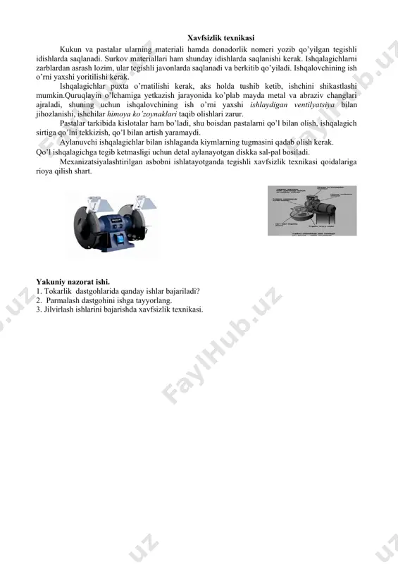 yalashtirilgan dastaki asboblardan keng foydalaniladi ichki yonish dvigatellarini remont qilganda klapinlarni ishqalash uchun kolovorotlardan foydalanish mumkin. klapan kolovorot yordamida dam u yoqqa, dam bu yoqqa yarim aylanishga aylantiriladi va vaqt-vaqti bilan ko’tarib turiladi. elektr va pnevmatik parmalash mashinalariga o’rnatib ishlatiladigan ishqalash kallaklari hamda moslamalari ishqalashni mexanizatsiyalashtirishda kengtarqalgan. halqalarning yassi tomonlarini ishqalashga mo’ljallangan moslama (rasm, b) konus 1, oboyma 4 ,vint 2 li to’rtta qisish plankasi 3 dan iborat. ular parmalash mashinasining konussimon teshigiga o’rnatiladi. ishqalanadigan detal oboymaga o’rnatiladi va unga plankalar yordamida qisib qo’yiladi. mashina 7 ishlaganda halqa aylanma harakatlanadi va ishqalagich 6 ga tegib, kerakli o’lchamgacha ishqalanadi. detal aylanish bilan bir vaqtda ishqalagichga nisbatan sal-pal ilgarilama harakatlanib turadi. elektr parmalash mashinasiga mo’ljallangan ishqalash kallagi (rasm, v) shpindel 1ning konussimon teshigiga o’rnatiladi. u korpus 4 ga montaj qilingan tishli g’ildiraklar 2 va 3jufti, suxar 5 li parma 6 va kulisa 7 dan tarkib topgan. shpindel aylanganda barmoq aylanmaharakatlanadi. unga kiydirilgan …