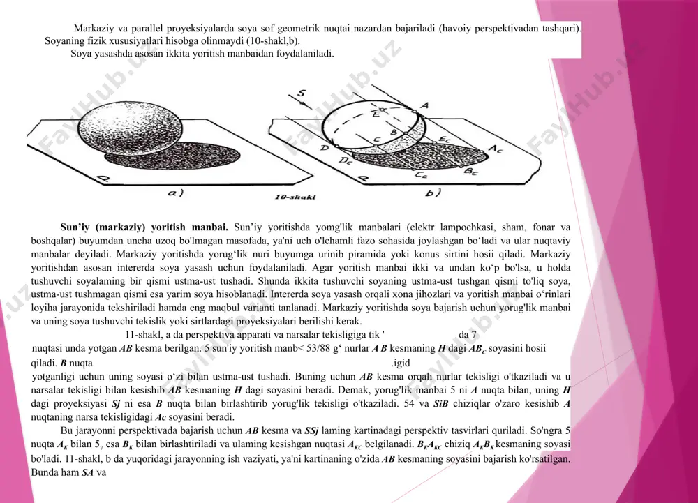 ik tekisligi o'tkaziladi. 54 va sib chiziqlar o'zaro kesishib a nuqtaning narsa tekisligidagi ac soyasini beradi. bu jarayonni perspektivada bajarish uchun ab kesma va ssj laming kartinadagi perspektiv tasvirlari quriladi. so'ngra 5 nuqta ak bilan 57 esa bk bilan birlashtiriladi va ulaming kesishgan nuqtasi akc belgilanadi. bkakc chiziq akbk kesmaning soyasi bo'ladi. 11-shakl, b da yuqoridagi jarayonning ish vaziyati, ya'ni kartinaning o'zida ab kesmaning soyasini bajarish ko'rsatilgan. bunda ham sa va sjbk chiziqlar o‘zaro kesishib akc ni aniqlaydi, akc - a nuqtaning, вкакс kesma esa ab kesmaning perspetivadagi soyasidir. 12-shaklda yorug‘lik manbai s, konus sirti va vertikal vaziyatdagi abce to‘g‘ri to‘rtburchak (tekislik) berilgan. abce ning soyasi xuddi bundan oldingi misoldagi ab kesmaning soyasini aniqlaganimizdek yasaladi. konus sirti ham narsa tekisligiga va abce to‘g‘ri to‘rtburchakka soya tashlaydi. buning uchun sj ni konus uchi t ning narsa tekisligidagi ti proyeksiyasi bilan 5 ni esa t uchi bilan birlashtirib tc soya aniqlanadi. tc …