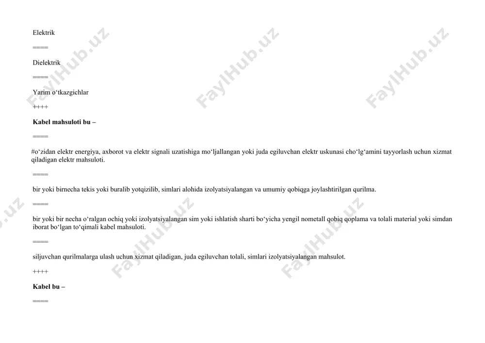 olli yoki unga o‘xshash izolyatsiya tarkibida shimdirilgan qog‘oz izolyatsiyali kabel ==== ko‘p simli kabel izolyatsiyalangan faza simlari ustki qismiga yotqiziladigan umumiy izolyatsiya ==== har bir izolyatsiyalangan faza simlarii alohida ekranga ega bo‘lgan kabel ++++ qaysi element - kabel himoya qoplamasining bir qismi bo‘lib; zirxni korroziyadan saqlashga mo‘ljallangan, u himoya shlangi sifatida yoki maxsus tolasimon chirimaydigan yoki yonmaydigan tarkibidan tashkil topadi? ==== #tashqi qoplama ==== kabel g‘altaklari ==== izolyatsiya ==== kabel xizmat muddati ++++ kabel kafolat vaqti – bu? ==== #davr ichida kabel ishlab chiqaruvchi zavod kabelga belgilangan talabni bajarilishini ta’minlashi kerak. ushbu shart iste’molchi tomonidan kabel eltib berilishi, saqlanishi, yotqizilishi, montaji va ekspluatatsiya buzilmagan holatda bajariladi. ==== ochiq izolyatsiyalanmagan simlar havo elektr uzatish yoilari, nimstantsiyalarda elektr biriktiruv, elektrlashtirilgan transporti, antenna qurilmalari va h. qo‘llaniladi. ==== bir jinsli materialdan tayyorlangan simning mexanik xossalari ushbu material xarakteristikalari bilan aniqlanadi. ==== elektr stantsiyalari uchun g‘ovak yoki yassi mis hamda aluminiy simlari tayyorlanadi. ++++ …