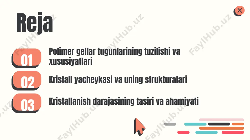 shi polimer gellar tugunlari tibbiyot sohasida keng qo'llaniladi. ular dori vositalarini uzatishda, yaralar va o'smalarga qarshi ishlatiladi, bu esa ularning muhim ahamiyatini ko'rsatadi. qurilish sanoatida polimer gellar tugunlari izolyatsiya materiallari sifatida va betonni mustahkamlashda ishlatiladi. ular qurilishning barqarorligini oshirib, foydalanish muddatini uzaytiradi. statistik ma'lumotlarga ko'ra, polimer gellar tugunlarining tibbiyot va qurilishdagi qo'llanilishi har yili 10% ga o'smoqda, bu esa ularning ahamiyatini yanada oshirmoqda. kristall yacheykasi tushunchasi kristall yacheykasi – kristallarni tashkil etuvchi asosiy birikma. u bir yoki bir nechta atomlar yoki molekulalardan iborat bo'lib, har bir yacheyka o'ziga xos o'lcham va shaklga ega. **o'lchami va shakli**: kristall yacheykasining o'lchami va shakli kristallning fizik va kimyoviy xususiyatlariga ta'sir qiladi. misol uchun, kubik yacheykalar qattiq materiallar uchun ko'proq mustahkamlikni ta'minlaydi. **tuzilishi va mazmuni**: kristall yacheykasining ichki tartibi, uning tuzilishi va mazmuni, kristallning qattiqligi, o'tkazuvchanligi va boshqa xususiyatlarini belgilaydi. bu tuzilish, atomlar orasidagi bog'lanishlar va ularning joylashuvi bilan belgilanadi. **asosiy funksiyalari va ahamiyati**: …