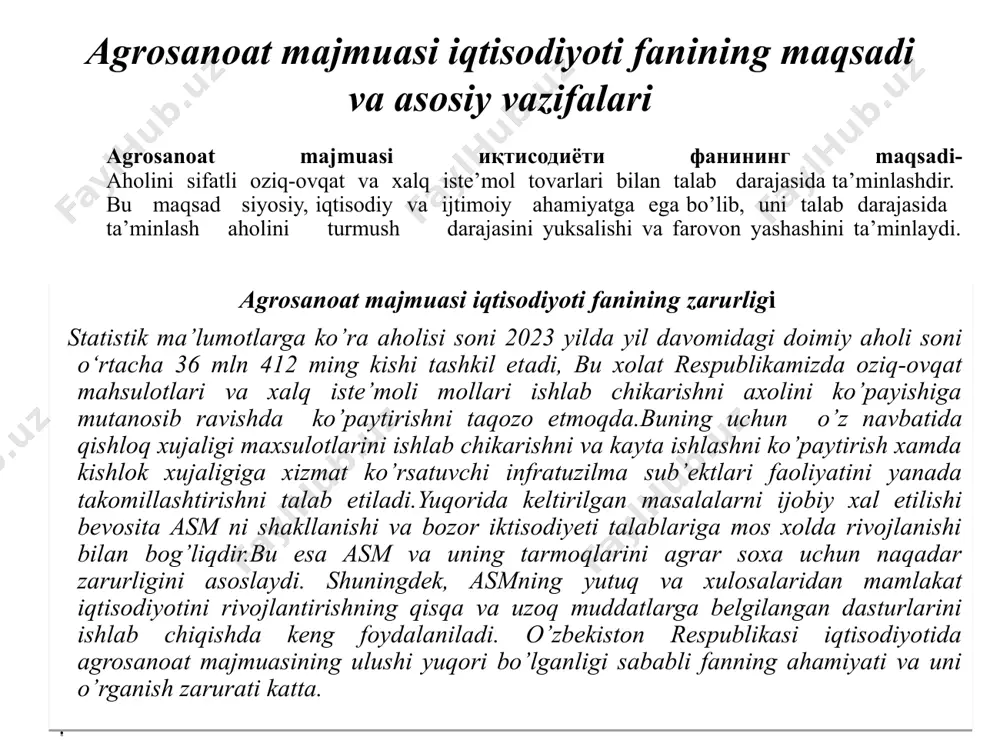 llari. agrosanoat majmuasi iqtisodiyoti fani o‘z predmetini o‘rganishda ilmiy tadqiqotlar olib borishning quyidagi usullaridan foydalanadi: *tarixiy dialektik rivojlanishi usuli; *iqtisodiy tahlil; *iqtisodiy taqqoslash; *iqtisodiy sintezlash; *induksiya; *deduksiya; *monografik tahlil; *statistik usullar; *tajriba; *hisob konstruktorlik usul va boshqalar iqtisodiyotni rivojlantirishning bosh omillaridan biri zamon talablariga javob beradigan, har qanday qiyin muammolarni yecha oladigan kadrlarning mavjudligidir. bunday kadrlarni tayyorlashda “agrosanoat majmuasi iqtisodiyoti” fanining o‘rni va ahamiyati beqiyos. yuqori darajada bilim va malakaga ega kadlarni tayyorlashda boshqa ko‘plab omillar qatorida “agrosanoat majmuasi iqtisodiyoti” fani ham muhim o‘rin egallaydi. “agrosanoat majmuasi iqtisodiyoti” fanining qisqacha rivojlanish tarixi fanning muammolarini o‘rganish juda qadim davrlarga borib qadaladi. lekin aloxida fan sifatida shakllanganiga uncha katta vaqt bo‘lgan emas adabiyotlarda “agrosanoat integratsiyasi”, “agrobiznes”, “agrosanoat majmuasi” tushunchalarining paydo bo‘lishi 1950 yillar oxiriga to‘g‘ri keladi. “agrosanoat majmuasi iqtisodiyoti” alohida fan sifatida 1960 yillardan boshlab o‘rganila boshlandi. bizning mamlakatimizda bu fan 1970 yillarning o‘rtalarida shakllandi va mutaxassislar tomonidan o‘rganilib, rivojlantirilmoqda. “agrosanoat majmuasi …