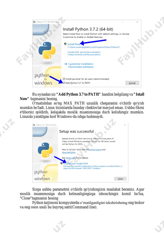 masligingizga ishonchingiz komil bo'lsa, "close"tugmasini bosing python tarjimoni kompyuterda o’rnatilganligini tekshirishning eng tezkor va eng oson usuli bu buyruq satri(command line). - vazifalar menejeri yoki qidiruv orqali cmd-ni ishga tushiramiz. - python -ni kiritamiz - natijada, buyruq satri tizimga o'rnatilgan python versiyasini chiqaradi. idle(integrated development and learning environment – integrallashgan dasturlash va o‘rganish muhiti) python tilini o‘rganish uchun taqdim etilgan ide (integrated development environment – integrallashgan dasturlash muhiti)ni ishga tushirish. dasturni ishga tushirish uchun «пуск» menyusini ishga tushirib “python” terilsa “python” papkasi ochiladi. undan idle ishga tushiriladi. dastur kodlarini kiritish uchun python oynasi ochiladi. idle oynasining ikki xil muhiti mavjud bo‘lib, ular interfaol muhit va dasturlash muhiti deb nomlanadi. idlening interfaol muhiti (konsol deb ham yuritiladi) – dastur kodini kiritib, natijasini darhol ko‘rish mumkin bo‘lgan oyna. bu muhit dastur buyruqlari vazifalarini o‘rganish, kichik dasturlar tuzish, ularning natijasini tezroq ko‘rish uchun ishlatiladi. interfaol muhitdan kalkulyator sifatida foydalanish ham mumkin. idle ning …