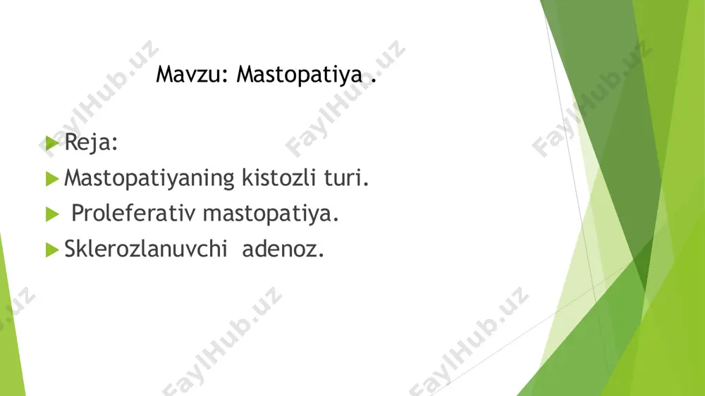 rivojlanish mexanizmi):1. gormonal muvozanat buzilishi:estrogen gormonining ortiqcha sekretsiyasi;progesteron yetishmovchiligi — bu hujayralarning nazoratlanmagan ko‘payishiga olib keladi.2. gipofiz va gipotalamus faoliyatining buzilishi:prolaktin gormonining ko‘payishi — epiteliy hujayralarining o‘sishini faollashtiradi.3. qalqonsimon bez, tuxumdon va buyrak usti bezlari disfunksiyasi — umumiy endokrin disbalansga sabab bo‘ladi.4. irsi omillar — yaqin qarindosh ayollarda ko‘krak bezi kasalliklari tarixi bo‘lishi xavfni oshiradi.5. ginekologik kasalliklar, stress, abortlar — gormonal muhitga ta’sir qilib, proliferatsiyani rag‘batlantiradi.  makroskopik:  ko‘krak bezlari zichlashgan, ba’zan tuguncha shaklidagi sohalar seziladi;  tugunlar ko‘p holatda noaniq chegaralangan;  kistoz elementlar bo‘lishi mumkin, ammo asosiy o‘zgarish proliferatsiyaga bog‘liq.  mikroskopik:  1. epiteliy proliferatsiyasi:  ko‘krak bezidagi yo‘llar (kanallar) va alveolalarda hujayralar soni oshgan;  ba’zida ko‘p qatlamli epiteliy shakllanadi (giperplaziya).  2. atypik proliferatsiya (agar mavjud bo‘lsa):  hujayralar yadro va sitoplazmasida o‘zgarishlar kuzatiladi;  bu holat onkologik kasallik rivojlanishi uchun xavf tug‘diradi.  3. stromal fibroz:  biriktiruvchi to‘qimaning zichlashuvi, kollagen tolalarning ko‘payishi. …