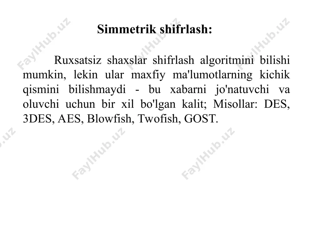 ko'rsatilgan: keling, rsa algoritmi yordamida "cab" xabarini shifrlaymiz va shifrini ochamiz. oddiylik uchun kichik raqamlarni olaylik - bu bizning hisoblarimizni qisqartiradi. p = 3 va q = 11 ni tanlaylik n = 3 * 11 = 33 ni aniqlaylik. toping (p-1) * (q-1) = 20. shuning uchun, d, masalan, 3 ga teng bo'ladi: (d = 3). keling, quyidagi formula bo'yicha e raqamini tanlaylik: (e * 3) mod 20 = 1. shunday qilib, e teng bo'ladi, masalan, 7: (e = 7). keling, shifrlangan xabarni 0 dan 32 gacha bo'lgan raqamlar ketma- ketligi sifatida tasavvur qilaylik (esda tutingki, u n-1 bilan tugaydi). a = 1, b = 2, c = 3 harfi. xabarni ochiq kalit yordamida shifrlaylik c1 = (3 ^ 7) mod 33 = 2187 mod 33 = 9; c2 = (1 ^ 7) mod 33 = 1 mod 33 = 1; c3 = (2 ^ 7) mod 33 = 128 …