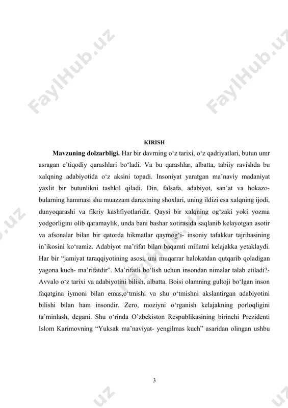 hi prezidentimiz i.a.karimov "yuksak ma'naviyat - yengilmas kuch" asarida bu haqda shunday yozgan edilar: "o‘zbek xalqi ma'naviy dunyosining shakllanishida g‘oyat kuchli va samarali ta'sir ko‘rsatgan ulug‘ zotlardan yana biri - bu alisher navoiy bobomizdir. biz uning mo‘tabar nomi, ijodiy merosining boqiyligi, badiiy dahosi zamon va makon chegaralarini bilmasligi haqida doimo faxrlanib so‘z yuritamiz. alisher navoiy xalqimizning ongi va tafakkuri, badiiy madaniyati tarixida butun bir davrni tashkil etadigan buyuk shaxs, milliy adabiyotimizning tengsiz namoyondasi, millatimizning g‘ururi, sha'nu sharafini dunyoga tarannum qilgan o‘lmas so‘z san'atkoridir. ta'bir joiz bo‘lsa, olamda turkiy va forsiy tilda so‘zlovchi biron bir inson yo‘qki, u navoiyni bilmasa, navoiyni sevmasa, navoiyga sadoqat va e'tiqod bilan qaramasa"2. navoiyning "xazoyin ul-maoniy", "devoni foniy", "nazm ul-javohir" kabi she'riy asarlari, "xamsa", "lison ut-tayr" kabi dostonlari, "mahbub ul-qulub", "tarixi muluki ajam", "tarixi anbiyo va hukamo", "nasoyim ul- muhabbat" kabi asarlarida inson odobi, xulq-atvori, yaxshilik va yomonlik, vafo va xiyonat, rostgo‘ylik va yolg‘onchilik, saxovat va …