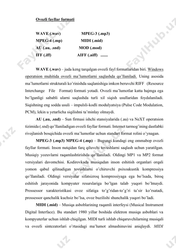 et tarmog’ining dastlabki rivojlanish bosqichida ovozli ma’lumotlar uchun standart format rolini o’ynagan. mpeg-3 (.mp3) mpeg-4 (.mp) – bugungi kundagi eng ommabop ovozli fayllar formati. inson nutqidan farq qiluvchi tovushlarni saqlash uchun yaratilgan. musiqiy yozuvlarni raqamlashtirishda qo’llaniladi. oldingi mp1 va mp2 format versiyalari davomchisi. kodirovkada musiqadan inson eshitish organlari orqali yomon qabul qilinadigan tovushlarni o’chiruvchi psixoakustik kompressiya qo’llaniladi. oldingi versiyalar sifatsizroq kompressiyaga ega bo’lsada, biroq eshitish jarayonida kompyuter resurslariga bo’lgan talab yuqori bo’lmaydi. prossessor xarakteristikasi ovoz sifatiga to’g’ridan-to’g’ri ta’sir ko’rsatadi, prossessor qanchalik kuchsiz bo’lsa, ovoz buzilishi shunchalik yuqori bo’ladi. midi (.mid) – musiqa asboblarining raqamli interfeysi (musical instrument digital interface). bu standart 1980 yillar boshida elektron musiqa asboblari va kompyuterlar uchun ishlab chiqilgan. midi turli ishlab chiqaruvchilarning musiqali va ovozli sintezatorlari o’rtasidagi ma’lumot almashinuvini aniqlaydi. midi interfeysi musiqa notalari va kuylarini uzatish protokoliga ega. lekin midi ma’lumotlar raqamli ovoz emas – ular son formatidagi qisqartirilgan musiqa yozuvi shakli hisoblanadi. midi-fayl o’zida …
