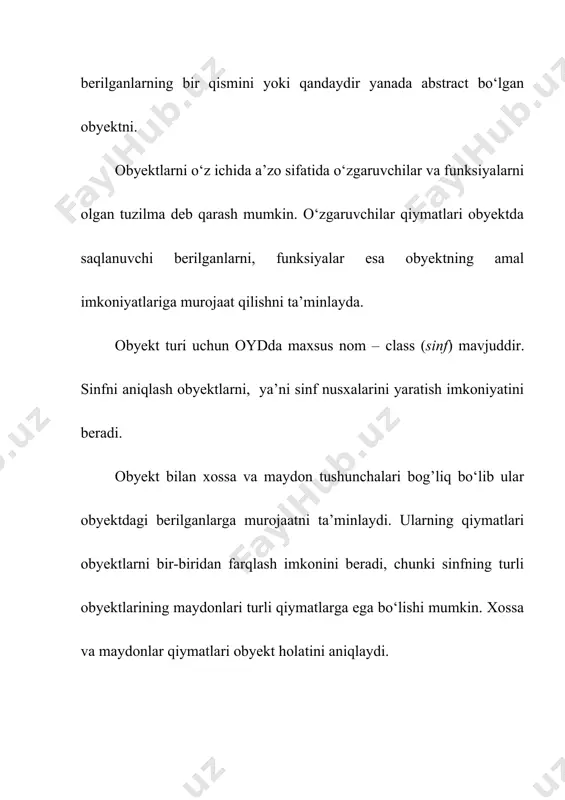 tur” deb atash mumkin. inkapsulyatsiya – bu berilganlar va ularni qayta ishlovchi kodni birlashtirish mexanizmidir. inkapsulyatsiya berilganlar va kodni tashqi ta’sirdan saqlash imkonini beradi. yuqoridagi ikkita konsepsiyani amalga oshirish uchun c# tilida sinflar ishlatiladi. sinf termini bilan obyektlar turi aniqlanadi. sinfning har bir vakili (nusxasi) obyekt deb nomlanadi. har bir obyekt o‘zining alohida holatiga ega bo‘ladi. obyekt holati undagi berilgan-a’zolarning ayni paytdagi qiymati bilan aniqlanadi. sinf vazifasi uning funksiya-a’zolarining sinf obyektlari ustidabajaradigan amallar imkoniyati bilan aniqlanadi. berilgan sinf obyektini yaratish konstruktor deb nomlanuvchi maxsus funksiya-a’zo tomonidan, o‘chirish esa destruktor deb nomlanuvchi maxsus funksiya-a’zo orqali amalga oshiriladi. sinf ichki berilganlariga murojaatni cheklab qo‘yishi mumkin. cheklovlar berilganlarni ochiq (public), yopiq (private) va himoyalangan (protected) deb aniqlashlar bilan tayinlanadi. sinf, shu turdagi obyektning “tashqi dunyo” bilan o‘zaro bog‘lanishi uchun qat’iy muloqat shartlarini aniqlaydi. yopiq berilganlarga yoki kodga faqat shu obyekt ichida murojaat qilish mumkin. boshqa tomondan, ochiq berilganlarga va kodlarga, garchi ular obyekt …