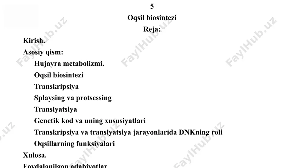 tkaziladi aksariyat pre-irnk molekulalarida olib tashlanadigan qismlar mavjud boʻlib, ular intronlar deb nomlanadi. yetilgan irnkda saqlanib qolgan qismlar esa ekzonlar deb ataladi. bu jarayon splaysing deyiladi. alternativ splaysing jarayonida irnkning turli qismlari ekzon vazifasini bajaradi. bu bitta pre-irnkdan ikki yoki undan ortiq turdagi irnk molekulasini olish imkonini beradi. ubikvitinlash oqsillarga ubikvitin deb nomlangan kimyoviy yorliq birikishi orqali ularning parchalanishi belgilanadi. ubikvitin bilan nishonlangan oqsillar “qayta ishlash markazi” boʻlgan proteosomaga joʻnatiladi va tarkibiy qismlarga parchalanadi. ubikvitinlash hujayrada oqsil miqdori doimiyligini nazorat qilishning muhim usuli hisoblanadi. gen ekspressiyasi (oqsil yoki uning bir boʻlagi sintezi uchun genni “oʻqish” jarayoni) bakteriya va eukariot hujayralarida turlicha boʻladi. bakteriyalarda rnk transkript darhol oqsil sintez qilish uchun translyatsiyaga kirishishga tayyor boʻladi. eukariotlarda bu sal murakkabroq, lekin qiziqarli yoʻl bilan kechadi. bevosita transkripsiyadan soʻng sintezlangan hujayra pre-irnk deb nomlanadi va u yetilgan informatsion rnk (irnk)ga aylanishi uchun bir qancha jarayonlardan oʻtishi lozim. bular: rnkning “boshiga” 5ʼ qalpoq biriktirish …