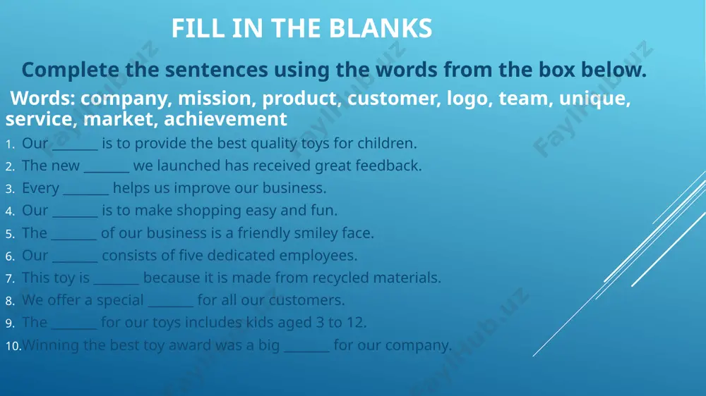 ill-in-the-blank exercise with a fictional company. lastly, we’ll practice changing sentences from the active voice to the passive voice. these activities will help you feel more confident with everything we’ve covered. let’s get started! conclusion in conclusion, creating a company profile is a valuable skill that combines writing, business knowledge, and grammar. let’s work together to make engaging and informative profiles. i’m excited to see what you all come up with! thank you, and let’s get started! image1.jpeg /docprops/thumbnail.jpeg