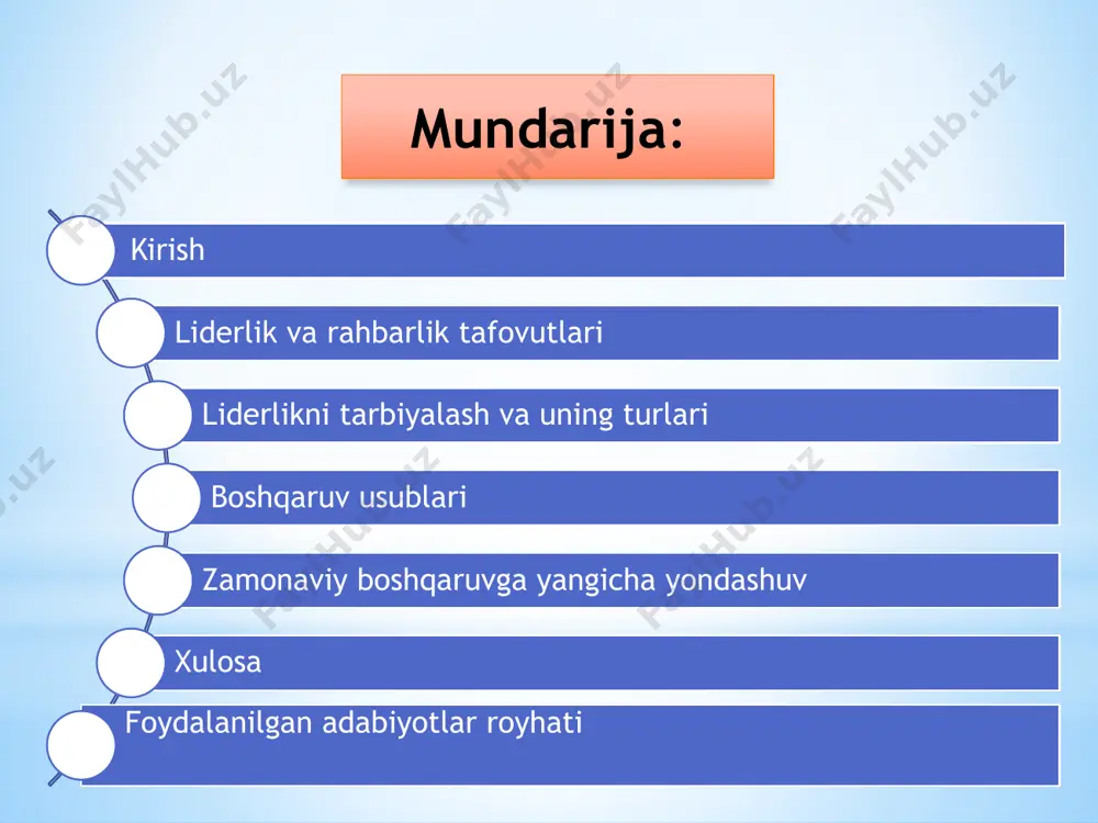 раб, узоқроқ муддатда ёки қисқа муддатда рўй беради 5) раҳбарнинг лидердан фарқи яна шундаки, у лидерда йўқ бўлган жазолаш ва рагбатлантириш тизимига эга бўлиб, шу асосда ўз ходимларига таъсирини ўтказиши мумкин 6) лидер гуруҳда у ёки бу қарорлар, кўрсатмалар, ташаббусларни ўз ихтиёрича, бевосита чиқариши мумкин, раҳбарда эса бу йўналишда кўплаб расмий кўрсатмалар, режалар, нормалар, буйруқлар мавжудки, улар доирасидан чиқиб кетиши кийин 7) лидернинг фаолияти фақат кичик гуруҳлар доирасида амалга оширилса, раҳбар шу гуруҳдаги, кенгроқ ижтимоий доирадаги, жамиятдаги вакили бўлганлиги учун, унинг ваколатлари ҳам кенг, фаолият имкониятлари ҳам ортиқдир. 8) лидер ҳеч қачон ёлғиз бўлмайди, у доимо гуруҳ аъзолари орасида бўлади, у шу гуруҳ аъзоларини у ёки бу ҳаракатларга чорлайди. чунки лидер гуруҳ аъзоларининг психологияси, уларнинг кайфиятлари, интилишлари, қизиқишлари ва ҳоказоларни ҳаммадан ҳам яхши билади, улар ичида энг ташаббускоридир. har bir martaba uchun zarur bo'lgan etakchilik qobiliyatlari o'z-o'zini anglash, aloqa, ta'sir o'rganish qobiliyati. o’rganish qobilyati sizga doimo o'qish rejimida bo'lish, tajriba …