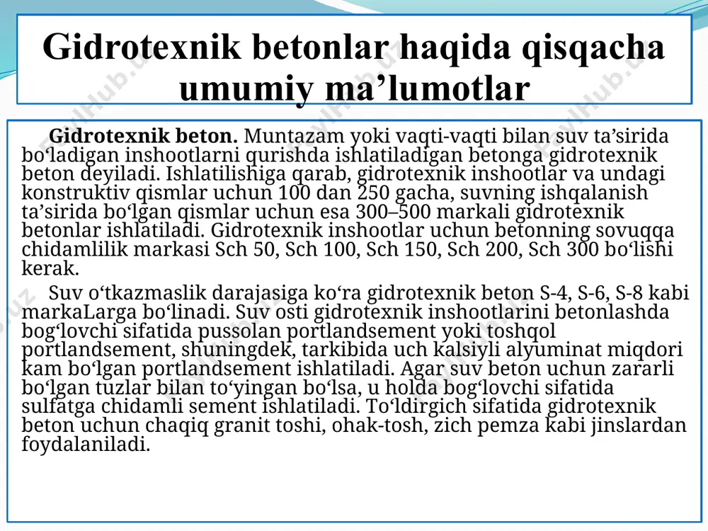 betonning kotishi jarayonining tezlashtiradi va sement toshining tuldiruvchilar bilan tayorlangan beton qorishmasini betonning shaklan tо‘zilishini yahshilanishiga imkoniyat yaratadi, uning mustaxkamligini oshiradi va bog‘lovchining mikdoriy sarfini bir muncha ozaytiradi. qish faslida o’tkaziladigan beton ishlari gidrotexnik inshootlariga eng muxim asasiy birlik mustaxkamlik suv о‘tkazmaslik va sovukka bardoshlilik va xakozo talablar kuyidagi bular о‘z navbatida gidrotexnik ishlarni bajarishda maxsus texnologiyalarni kullash zarurligini takozo etadi. gidrotexnik inshootlar о‘zining katta xajmdagi beton va temir – beton ishlari bilan xarakterlanadi asosan umumiy qurilish 35 ming 40% ni tashkil etadi gidrotexnik inshootlaridagi beton lariga aloxida muxim ahamiyatga ega bо‘lgan talablar kursatiladi. chunki beton ishlari suv ostiga olib boriladi yani suv ostida, suv satxi о‘zgarib turuvchi kо‘p marotaba muzlash joylarida xavo xarorati keskin о‘zgarib turadigan iklim sharoitlarida olib yoriladigan gidro texnik beton fakatgina mexanik mustaxkam bulib kolmasdan, balki yuqori zichlikka ega bо‘lgan suv о‘tkazmaydigan, sovukka muzlashga chidamli. qish faslida o’tkaziladigan beton ishlari gidromeliorativ betonga uning asosiy sifat ko‘rsatkichlari …