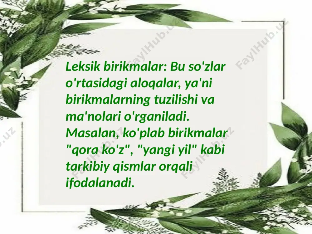 o‘zlar topish, sinonimlar zanjiri tuzish yoki frazeologizmlarni davom ettirish. yaratuvchanlik topshiriqlari: hikoya yoki matn yozishda yangi so‘zlardan foydalanish. frazeologik iboralar bilan ijodiy mashqlar bajarish. 4. darsning texnologik ta’minoti axborot texnologiyalari: multimediali darslar orqali ma’lumotlarni vizual ko‘rsatish. onlayn lug‘atlar va ilovalardan foydalanish. videoroliklar va audiomateriallar: turli lahjalarda so‘zlashuvlar yoki o‘zbek tilining tarixiy xususiyatlari haqida materiallar. 5. baholash va refleksiya testlar, yozma ishlar va loyihalar orqali o‘quvchilarning bilimini baholash. qisqa savol-javoblar yordamida o‘tilgan materiallarni takrorlash. tavsiyalar: o‘quvchilarni turli xil lug‘atlar bilan tanishtiring. tilning boyligini ko‘rsatish uchun badiiy asarlar va matnlardan foydalaning. so‘zlarning tarixiy o‘zgarishlarini o‘rganishga alohida e’tibor qarating. e'tiboringiz uchun raxmat image1.jpeg image2.jpeg image3.jpeg image4.jpeg image5.jpeg image6.jpeg image7.jpeg image8.jpeg