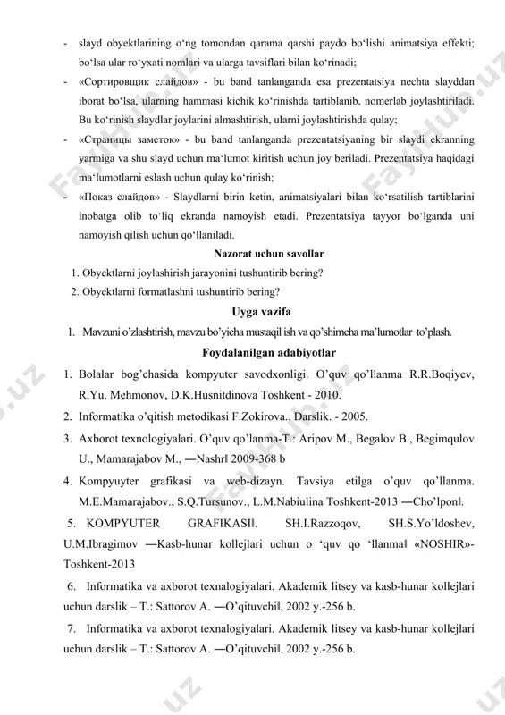 1. davlat ta’lim standartlaridan kelib chikib, darslarda 95% gacha qatnashgan, ma’ruza matnini yozgan, o`quv qurollari to`la bo`lgan, adabiyotlardan foydalanishni bilgan. 3 2. undan tashqari, o`quv ko`rgazmali qurollardan foydalana oladigan, olgan bilimlarini xalq xo`jaligidagi o`rnini to`g`ri tushungan, mustaqil fikrlash, olgan bilimlarini tushuntirib bera oladigan. 4 3. undan tashqari, olgan bilimlarini ishlab chiqarishda ko`llay oladigan, ushbu fanni boshqa fanlar bilan bog`lay oladigan, mustaqil ish va vazifalarni to`liq bajargan va yangilik kiritishga intilgan, har jihatdan boshqa o`quvchilarga o`rnak bo`ladigan. 5 4. yuqoridagi shartlarni 50-60%ni bajarishda qiynalgan o`quvchilar qo`shimcha va qayta topshirgan. 2