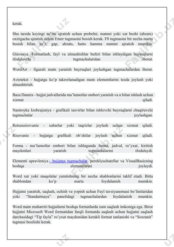 r kompyuterlar orasida virus tarqatish vositasi bo’lib hizmat qilmoqda. bu protsessorning oxirgi laxjalari fayllarni gipermatnli formatlarda (.html yoki .htm) xam saqlash imkoniyatiga ega. word matn protsessorida hujjat bilan ishlashni osonlashtirishga xizmat qiladigan bir nechta lentalar (uskunalar panellari) ishlatiladi. bu foydalanuvchilar uchun juda qulaydir. lentalarni sozlash o’zimizni qo’limizda. ayrim lentalar va ularning vazifalari bilan tanishamiz. muayyan manbalardan (masalan, ilmiy tadqiqotlar) ma'lumotlarni keltirmoqchi bo'lgan word hujjatiga havolalarni osongina qo'shish mumkin. citations can be added in various formats, including apa,chicago-style,gost, ieee, iso 690, and mla. keyin hujjatni yaratishda foydalanilgan manbalardan ma'lumotnomalar ro'yxatini yaratishingiz mumkin. hujjatga havola qo'shish uchun avval tegishli manbani qo'shishingiz kerak. hujjatga havola va adabiy manbani qo'shish "adabiyotlar ro'yxatiga havolalar "guruhidagi" havolalar " yorlig'ida uslub yonidagi o'qni bosing va havola va manba uchun uslubni tanlang. masalan, ijtimoiy fanlar bilan bog'liq hujjatlarda mla yoki apa uslubi odatda havolalar va adabiy manbalarga qo'llaniladi. "havolalar" yorlig'ida "uslub: apa" tugmasi ta'kidlangan kursorni havola sifatida ishlatiladigan …