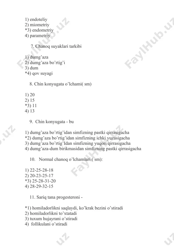 uddatini oxirgi hayz bo’yicha aniqlashda … 1) oxirgi xayzning birinchi kuniga 8 oy qo’shiladi *2) 3 oy oyrilib va 7 kun qo’shiladi 3) 4 oy ayiriladi 4) 9 oy qo’shiladi 18. birinchi tug’uvchilarda homilaning birinchi qimirlashi 1) 18-hafta *2) 20-hafta 3) 22-hafta 4) 16-hafta 19. leopold usulida 3-holatda nima aniqlanadi 1) homila holati 2) homila joylashuvi *3) homilaning oldinda keluvchi qismi 4) homila yurak urishi 20. qaysi tibbiy muassasalarda maxsus akusherlik yordami ko’rsatiladi 1) oilaviy shifoxonalardagi tug’ruq bo’limlarida 2) markaziy oilaviy shifoxonalarning tumanlararo bo’limlarida 3) oilaviy shifoatxonalardagi tug’ruq bo’limlarida *4) perinatal markazlarda 21. tuf’ruq kompleksiga qaysi bo’lim kirmaydi 1) tug’ruq bo’limi №1, tug’ruq bo’limi №2 *2) poliklinikadan keying bo’lim 3) chaqaloqlar reanimasiyasi bo’limi 4) ginekologiya reanimatsiya 22. onalar va perinatal o’lim ko’rsatkichlarini hisoblashga kirmaydi *1) onalar o’limi – bu vafot etgan tug’gan ayollarning 100000 o’lik tug’lgan chaqaloqlarga nisbati 2) 100000 tirik tug’lganlarning absolyut soniga nisbati 3) perinatal o’lim – tug’ruqga …