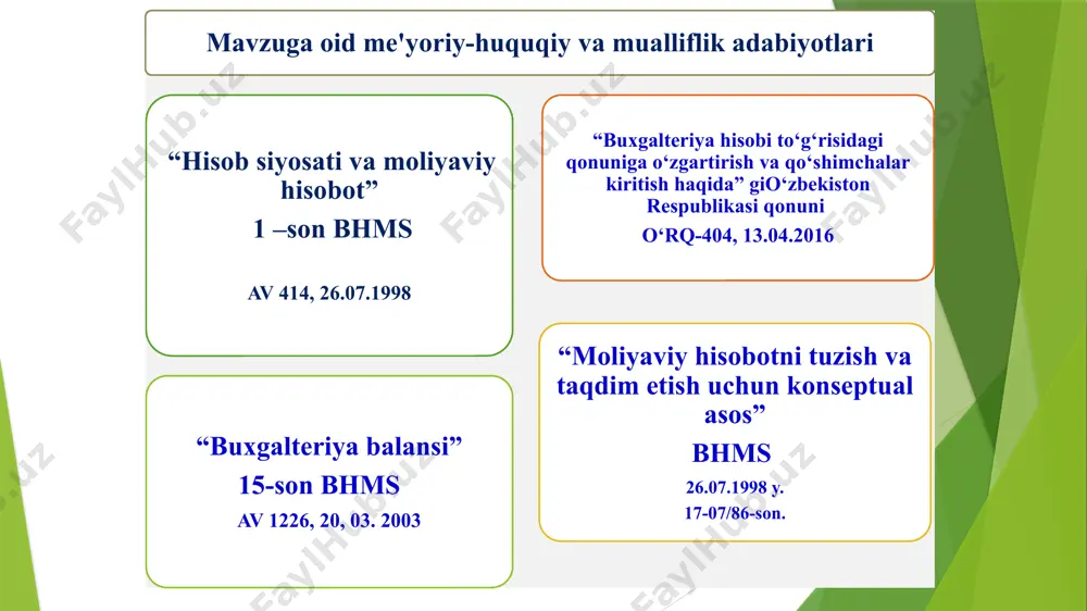 igan, kelgusida ulardan daromad olish maqsadida avvalgi faoliyat natijasida olingan iqtisodiy resurslardir sub'ektnig majburiyatlari-ni chegirib tashlagandan keyingi aktivlaridir qarzdorning boshqa shaxs (kreditor) foydasiga muayyan ishni amalga oshirish, masalan mol-mulkni topshirish, ishni bajarish, pul to‘lash va boshqa majburiyatlaridir. 12 2. buxgalteriya balansining tuzilishi va mazmuni аktivlar uzoq muddatli aktivlar joriy aktivlar uzoq muddatli bo‘lgan aktivlar (asosiy vositalar, nomoddiy aktivlar, kapital qo‘yilmalar, o‘rnatiladigan asbob uskunalar, uzoq muddatli investisiyalar, uzoq muddatli debitorlik qarzlari) doimiy harakatdagi aktivlar (pul mablag‘lari, debitorlik majburiyatlari va tovar moddiy zaxiralar 13 2. buxgalteriya balansining tuzilishi va mazmuni buxgalteriya balansi passivi o‘z mablag‘lari manbasi majburiyatlar ustav kapitali uzoq muddatli majburiyatlar qo‘shilgan kapital ajratilgan bo‘linmalarga uzoq muddatli qarz rezerv kapitali joriy majburiyatlar sotib olingan xususiy aksiyalar ajratilgan bo‘linmalarga qarz taqsimlanmagan foyda maqsadli tushumlar 14 3. xo‘jalik mablag‘lari va uni tashkil topish manbalari xo‘jalik mablag‘lari ikki qismdan iborat bo‘ladi: uzoq muddatli aktivlar va joriy (aylanma)aktivlar uma- bu uzoq muddatli asosda foydalaniladigan aktivlar, …