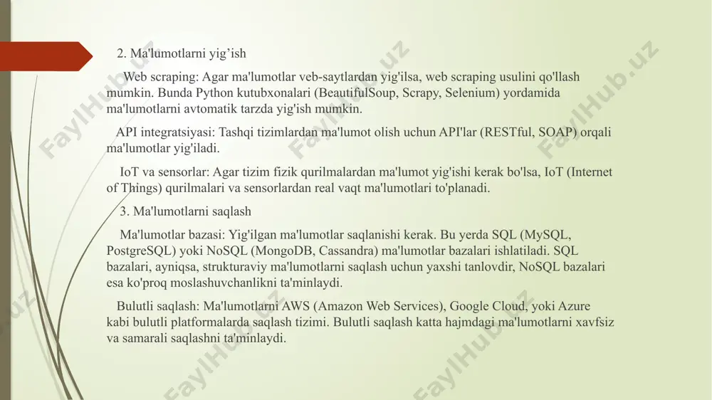 mukammal qilish, uning ishlashini tezlashtirish, o'zgaruvchilarni to'g'ri tanlash va ortiqcha murakkabliklardan saqlanishdir. quyida modelni optimallashtirish jarayonining asosiy bosqichlari va metodlari haqida: 1. modelni to'g'ri tanlash modelni optimallashtirishdan oldin, ma'lumotlarga va muammoga mos keladigan to'g'ri modelni tanlash muhim. modelning optimalligi uning to'g'ri tanlashiga bog'liq. turli turdagi mashina o'qitish modellari mavjud: klassifikatsiya: karor daraxtlari, naive bayes, knn, svm, neyron tarmoqlar. regressiya: chiziqli regressiya, lasso regressiya, ridge regressiya, polynomial regressiya. klasterlash: k-means, dbscan, hierarchical clustering. 2. giperparametrlarni optimallashtirish giperparametrlar — bu modelni o'qitish jarayonini boshqaradigan parametrlar bo'lib, ular modelni to'g'ri sozlashda muhim ahamiyatga ega. giperparametrlarni optimallashtirish modelning samaradorligini sezilarli darajada yaxshilashi mumkin. grid search – bu giperparametrlarning barcha mumkin bo'lgan kombinatsiyalarini sinab ko'rish jarayoni. bunda, har bir giperparametrning bir nechta qiymatlari tekshiriladi (masalan, learning rate, regularization parameter va hokazo). grid search juda vaqt talab qilishi mumkin, ammo u eng yaxshi giperparametrlar to'plamini aniqlashda juda samarali. klassifikatsiya uchun: aniqlik (accuracy): to'g'ri tasniflangan namunalar ulushi. …