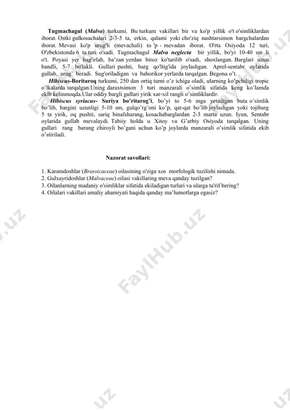 opik va o’rta iqlimida o’sadi. mdh da 12 turkumga mansub 72 turi o’sadi. bu oila vakillari o't, buta va daraxtlardan iborat. barglari oddiy, butun yoki panjasimon o'yilgan. ketma-ket joylashgan, yonbargli. gullari yakka yoki to'pgulda joylashgan, aktinomorf, ikki jinsli, gulkosa va gultojbarglari 5 tadan. gulkosachasi 2 qavatli. gulkosacha barglari 3-12 tagacha bo'lib, erkin yoki tutashib o'sgan. gultojibarglari yirik, erkin va rangli. changchilari ko'p, ikki doirada joylashgan. poyasi tik, monopodial va simpodial shoxlangan. barglari oddiy, uzun bandli,yirik, 3 - 6 -7 bo'lakchali, ikkita yonbargchali. gullari yirik, gultojibarglari och sariq rangli. gultoji 5 ta, erkin. changchisi ko’p, ikki doirada joylashgan. tashqi doiradagi changchilari rcduksiyalangan. ginetseyi senokarp, tugunchasi ustki, 3-5 uyali. mevasi 3-5 uyali ko'sak, urug'chi (chigiti)si uzun va qisqa tolalar bilan qoplangan. bizda g'o'zaning 3 turi va uning har xil navlari ekiladi. 1. oddiy g'o'za - gossypium hirsutum gullari och sariq. ko'saklari yirik, 4-5 uyali, chigiti oq tolalar (tuklar) bilan qalin qoplangan. vatani …