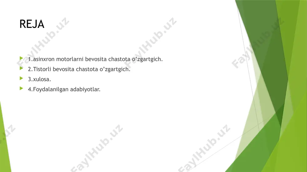 xtatish tigmasi . sb2nishga tushirish . km1 magnit puskatel cho’lg’am u ishga tushirish tugmasiga parallel ulangan . yordamchi kantakt 12no-14no lar kiradi. xulosa tiristorli bevosita chastota o‘zgartkichlarda tarmoqdan kelayotgan o‘zgarmas chastotali va kuchlanishning haqiqiy qiymati o‘zgarmas bo‘lgan o‘zgaruvchan tok kuchlanishi bevosita oraliq o‘zgartkichlarsiz chastota va kuchlanishining haqiqiy qiymati rostlanuvchan o‘zgaruvchan tok kuchlanishiga o‘zgartiriladi. foydalanilgan adabiyotlar 1. hoshimov o.o., saidahmedov s.s. o‘zgartkich texnikasiva ta’minot manbai. toshkent: tdtu, 2002. 2. жуков с.а. этапы создания автоматизированной информационноизмерительной системы коммерцеского учета электроэнергии (аиис куэ). м.: журнал «промышленная энергетика». 2005, 3. в.я.ушаков “основные проблемы энегетики и возможные способы их решения” энергетика. известия тпу. 2011. t. 4. h.k.zaynuddinova, sh.k.niyozov, sh.ashirov, r.sh.daminov, e.ikromxonov “qayta tiklanuvchan va muqobil energiyadan foydalanish istiqbollari” “the moder roblems of renewable energy sources and sustainable environment” materials of international conference. tashkent, september 25-27 th, 2019. 5. electricity generation, transmission and distribution. gayibov t.sh., shamsutdinov h.f., pulatov b.m. tashkent-2015 image1.png image2.png image3.png /docprops/thumbnail.jpeg