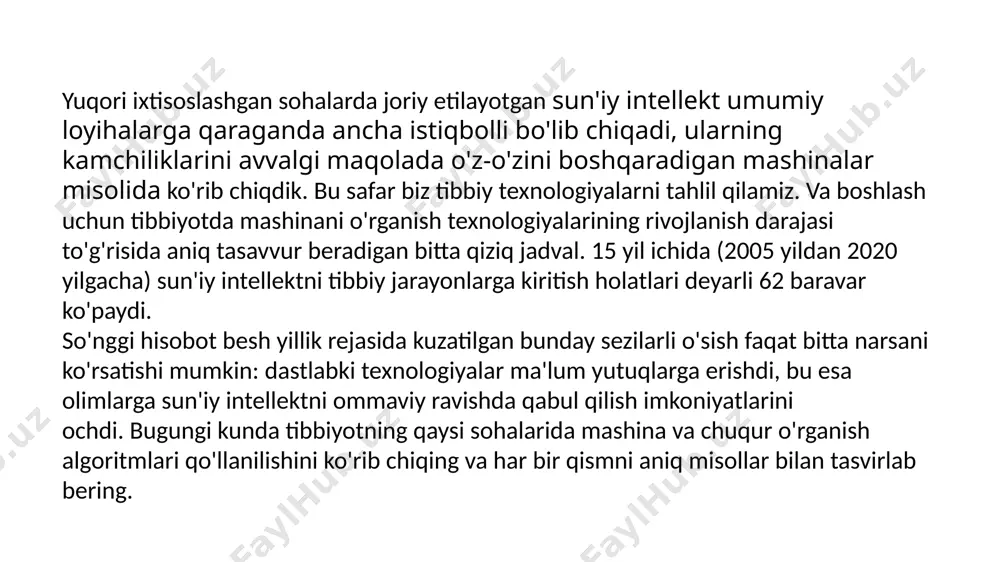 rini, shuningdek, tibbiyot uchun "qora quti"bo'lmagan sun'iy intellekt tizimini yaratishga muvaffaq bo'lganliklarini aytishdi. bu ularni, masalan, google kompaniyasining bosh kompaniyasi alphabet-dan ajratib turadi, uning vakillari yaqinda llm-ga bag'ishlangan maqolada yozganimizdek, ularning mashinani o'rganish modellarini aniq o'rganayotganlarini hali ham bilmasliklarini aytishdi. va ular o'zlarining chuqur o'rganish dasturlari algoritmlarini tushunishda qanchalik rivojlanganligini aytish qiyin. ammo babylon health tadqiqotchilari aniq rivojlanishdi. shuningdek, zamonaviy sun'iy intellekt ustuvorlashtirish va tibbiy saralash muammolarini hal qilmoqda. ai real vaqt rejimida aniq ustuvorlik va tibbiy saralashni ta'minlash uchun kiruvchi bemorlarning ma'lumotlarini chuqur tahlil qilishga asoslangan tavsiyalar beradi. ushbu maqsadlar uchun eng mashhur echimlar enlitic tomonidan taklif etiladi. ai enlitic curie kiruvchi bemorlarni skanerdan o'tkazadi, ko'plab klinik ma'lumotlarni qayta ishlaydi (shu jumladan eski diagnostika xaritalari ham hisobga olinadi) va davolanishga ustuvor ahamiyat beradi, shundan so'ng darhol bemorlarni eng mos shifokorga yuboradi. tahlildan inson omilini chiqarib tashlaydigan ushbu algoritmlarning afzalliklarini ortiqcha baholash qiyin, chunki ular takomillashtirilgandan so'ng ular minglab odamlarning …
