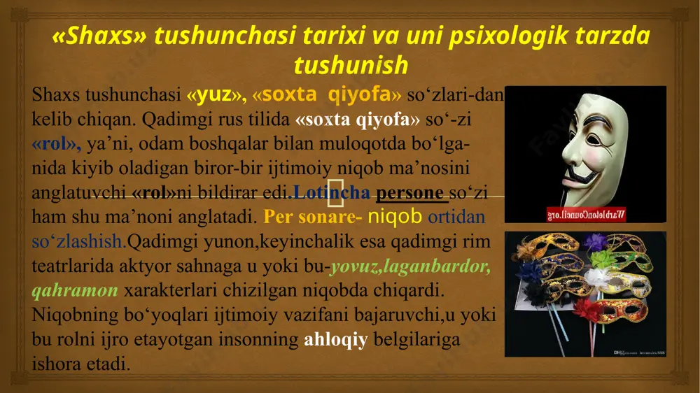 iyatga asoslanganligiga baho berish,uning takrorlanish imkoniyatlarini oldindan ko‘ra olish, shaxs sifat-larining ba’zilarini bartaraf etish, boshqalarining rivojlanishini esa rag‘batlantirish mumkin. yo‘nalganlik deb-  havas, istak , intilish havas- bu sub’ektning ajratilmagan, ang-lanmagan yoki yetarlicha anglanmagan ehti-yojlarini ifodalovchi ruhiy holat. istak-faoliyat motivi sifatida ehtiyojning etarlicha aniq anglanganligi bilan ifodalanadi. bunda uning ob’ektigina emas, balki uni qon-dirish yo‘llari ham anglanadi. intilish-istak tuzilishiga irodaviy tarkibiy qism qo‘shilganida yuzaga keladi.  qiziqish qiziqish - bu shaxsning yo‘nalganligini faoliyat maqsadlarini anglash bilan ta’minlovchi bilish ehtiyoji ifodalanishining maxsus shakli. sub’ektiv tarzda qiziqish ob’ektni chuqurroq o‘rganish, u haqda ko‘proq ma’lumotga ega bo‘lish, uni tushunish istagida bilish jarayoniga ega bo‘ladigan ijobiy emotsional tonda namoyon bo‘ladi. odatda, shaxs yo‘nalganligini ifodalovchi qiziqishning qondirilishi uning so‘nishiga sabab bo‘lmasdan, uni ichdan o‘zgartiradi, boyitadi va chuqurlashtiradi, bilish faoliyatining yuqori darajasi talablariga javob beruvchi yangi qiziqishlarni uyg‘otadi.  e’tiqodlar- bu shaxsni o‘z qarashlari,tamo-yillari, dunyoqarashiga muvofiq ravishda harakat qilishga undovchi motivlar tizimi. e’tiqodlar shaklidagi ehtiyojlar mazmuni- …