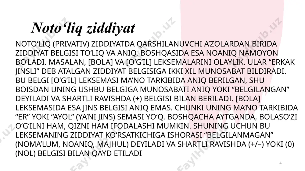 ‘lanib, butun bir tilni hosil qiladi, til mazkur birikmalar negizida uzviy bog‘langan tizimni tashkil etadi. tilning rivojlanishi, ichki qurilishi, tilning murakkab tizim ekanligi i.a.boduen de kurtene, h.b.krushevskiy, f.f. fortunatov, v.a.bogoroditskiy, a.a.potebnya, a.a.shaxmatov, s.p.obnorskiy, v.v.vinogradov, a.m.peshkovskiy, l.v.sherba kabi tilshunoslarning asarlarida yoritilgan. ichki qurilishi jihatidan til ma’lum miqdordagi o‘zaro chambarchas bog‘liq bo‘lgan til birliklarining yig‘indisi va ana shu birliklardan foydalanish qoidalaridan tashkil topgan murakkab tizimdir . lisoniy birliklar orasidagi ziddiyat ma’lum bir belgi asosida mavjud bo‘ladi. zidiyatga kirishuvchi lisoniy birliklar ziddiyat a’zosi, ziddiyatga asos bo‘luvchi belgi ziddiyat belgisi deyiladi. masalan, [o] va [a] unlilari o‘zaro “lablanganlik/lablanmaganlik” belgisi asosida qarama-qarshi turadi. bunday qarama-qarshilik ziddiyat, qarshilanayotgan fonemalar ziddiyat a’zolari, “lablanganlik/lablanmaganlik” esa ziddiyat belgisidir. 11 e’tiboringiz uchun rahmat! /docprops/thumbnail.jpeg
