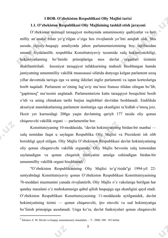 titutsiyaviy qonun о’zbekiston respublikasi konstitutsiyasining 76-moddasi mazmunini yanada rivojlantirib, oliy majlis о’z vakolatiga berilgan har qanday masalani о’z muhokamasiga qabul qilish huquqiga ega ekanligini qayd etadi. о’zbekiston respublikasi konstitutsiyasining 11-moddasida aytilganidek, davlat hokimiyatining tizimi — qonun chiqaruvchi, ijro etuvchi va sud hokimiyatiga bо’linish prinsipiga asoslanadi. unga kо’ra, davlat funksiyalari qonun chiqaruvchi organ — oliy majlis, davlat va ijroiya hokimiyati rahbari — о’zbekiston respublikasining prezidenti va sud hokimiyati о’rtasida taqsimlanadi. о’zbekiston oliy majlisi esa davlatning boshqa idoralari bilan hamkorlik qilish bilan birga, qonun chiqaruvchi hokimiyatni amalga oshiradi. oliy majlisning qonun chiqarish faoliyati о’z ahamiyatiga kо’ra u amalga oshiradigan boshqa vakolatlar orasida ustuvor hisoblanadi. konstitutsiyaning 7b-moddasida oliy majlisning boshqa biron vazifasi kо’rsatilmagan. lekin shuni ta’kidlash joizki, oliy majlisga uning konstitutsiyaviy maqomi doirasida shunday vakolatlar berilganki, ulardan kelib chiqib, parlament ba’zi bir nazorat funksiyalarini ham bajara oladi. о’zbekiston respublikasida saylov huquqi va saylov tizimi. konstitutsiyaning 117-modda о’zbekiston respublikasining fuqarolari davlat hokimiyati vakillik organlariga …