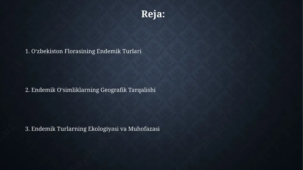 k turlarning 30% dan ortig‘i tahdid ostida bo‘lib, ularning muhofazasi uchun noyob o‘simliklarning genofondini saqlashga qaratilgan 7 ta ilmiy dastur ishlab chiqilgan. kelajakdagi tadqiqotlar va saqlash choralari oʻzbekistonning 50 ga yaqin endemik oʻsimlik turini chuqurroq oʻrganish, ularning genetik xilma-xilligini aniqlash va shu orqali samarqand viloyatining togʻli hududlarida saqlash strategiyasini ishlab chiqish zarur. namangan viloyatining fargʻona vodiysidagi endemik oʻsimliklarning 100 ga yaqin noyob namunalarini in-situ va ex-situ usullar yordamida saqlash boʻyicha milliy dastur ishlab chiqish muhim ahamiyatga ega. oʻzbekiston florasining endemik turlari fargʻona vodiysining togʻli hududlarida, taxminan 1500-3000 metr balandlikda, 100 dan ziyod endemik oʻsimlik turi, jumladan, tuproq va iqlim sharoitlariga moslashgan noyob gullar o'sadi. oʻzbekistonning gʻarbiy tyan-shan togʻlarida 200 dan ortiq endemik oʻsimlik turi, jumladan, astragalus turkumiga mansub noyob turlar mavjud. e'tiboringiz uchun rahmat @taqdimot_robot image2.jpg image3.jpg image4.jpg image5.jpg image6.jpg image7.jpg image8.jpg