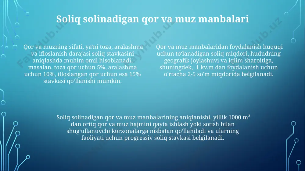 aratilgan. soliq hisobotini topshirish tartibi soliq hisobotini topshirish muddati soliq turi va toʻlovchining huquqiy shakliga bogʻliq boʻlib, 15-kundan 30-kungacha oʻzgarib turadi. elektron soliq hisobotini topshirish uchun soliq toʻlovchilar soliq organlarining rasmiy veb-sayti orqali shaxsiy kabinetlaridan foydalanishlari mumkin, bu jarayon 24/7 amalga oshiriladi. soliq hisobotini topshirishda yuzaga kelgan xatolarni tuzatish uchun 5 kunlik muddat beriladi, ammo kechiktirish uchun jarima toʻlash kerak boʻlishi mumkin, miqdori qonunchilikda belgilangan. qor va muzdan foydalanishga litsenziyalash tizimi davlat tomonidan belgilangan 5% lik qo'shimcha soliq, yillik litsenziya to'lovining ustiga qo'shiladi, agar foydalanuvchi belgilangan kvotalarni oshirib yuborsa. litsenziyalash tizimi, 3 ta asosiy toifaga bo'linadi: sanoat, kommunal va rekreatsion maqsadlar, har bir toifa uchun alohida soliq stavkalari va shartlari belgilanadi. qor va muzdan foydalanish uchun litsenziya narxlari, foydalanish hajmi (kub metrda) va muddatiga (yil hisobida) bog'liq holda, 100 dan 5000 usd gacha farq qilishi mumkin. qonunchilik bazasi va me'yoriy hujjatlar 2023-yil 1-yanvardan kuchga kirgan yangi qonunchilik hujjatlariga ko‘ra, qor …
