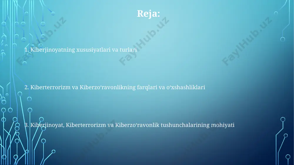 darajasini aniqlash uchun tahlil qilish usullari (misol uchun, stride modeli) va maxsus dasturiy ta'minotlardan foydalanish kerak, bu esa tahdidlarning 70% ni oldini olishga yordam beradi. kiberjinoyatchilikka qarshi kurashda 2 omil muhim: kuchli siberxavfsizlik tizimlari va huquqiy bazaning samarali ishlashi, bu esa jinoyatchilarni 90% ga kamaytirishga yordam beradi. kiberjinoyatchilik, kiberterrorizm va kiberzo'ravonlikning turlari kiberterrorizmning eng xavfli turlaridan biri - keng ko'lamli infratuzilmani, masalan, elektr ta'minoti yoki aloqa tizimlarini, 7/24 hujumlar orqali buzishdir. kiberjinoyatchilikning 30% dan ortig'i firiblardan, shu jumladan, onlayn-firibgarlik va identifikatsiya o'g'irlashdan iborat bo'lib, katta moliyaviy zarar keltiradi. kiberzo'ravonlikning 65% dan ko'prog'i ijtimoiy tarmoqlarda sodir bo'lib, shaxsiy ma'lumotlarning oshkor qilinishi, tahqirlash va doksing kabi ko'rinishlarda namoyon bo'ladi. kiberjinoyatchilik, kiberterrorizm va kiberzo'ravonlikning oqibatlari kiberzo'ravonlikning psixologik oqibatlari, masalan, depressiya va post-traumatik stress buzilishi, qurbonlarning 80% gacha qismida kuzatiladi. kiberjinoyatchilik natijasida 2022-yilda dunyo bo'ylab 6 trillion dollardan ortiq moliyaviy zarar ko'rilgan, bu esa global iqtisodiyotga jiddiy tahdid soladi. kiberterrorizm harakatlari milliy infratuzilmalarni, shu …