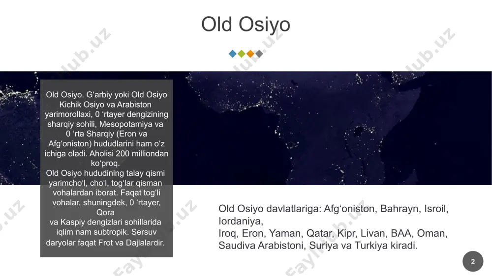b chorvador-nomadlar ixtiro qilishgan. ulardan ko‘ylak-ishtonlarni dehqonlar o‘zlashtirganlar. ayrim xalqlar, jumladan turkmanlarda ishton tor, belujiylarda esa, aksincha, juda keng kiyiladi. 0 ‘zimizda keng fe’lli kishini afg‘onning ishtoni deb qiyoslash ilgari ko‘p ishlatilgan. ulardan tashqari, shoyidan, paxta gazlamadan yoki jundan chopon kiyiladi. 7 ayollarda an’anaviy xalq kiyimlari yaxshi saqlangan. ko‘pchilik xalqlarda ayollar ko'ylaklari uzun to‘pig‘igacha tushib turadi. yengsiz nimcha va xalatlar ham keng tarqalgan. issiq qishki kiyimlar odatda boy oilalardagina mavjud. milliy va hududiy tafovutlar kiyimlar fasoni, matosining arzon-qimmatligi, rangida, gullarida, ayniqsa, bosh kiyimlarida kuzatiladi. 8 g'arbiy osiyo aholisining ko'pchiligi (60 %) qishloqlarda joylashgan bo'lsada, urbanizatsiya darajasi qit'aning boshqa qismiga nisbatan ancha baland. ko'pchilik mamlakatlarning shahar aholisi 30 % i, ayrim mamlakatlarda esa undan ham yuqori foizni tashkil qiladi. masalan, isroil aholisining 80 % i, yaman xalq demokratik respublikasining 78% i, quvayt, katar va bahrayn aholisining 70% i' shaharda yashaydi. afg'oniston, saudiya arabistoni va yaman respublikasida shaharda yashaydigan aholi 10 % …